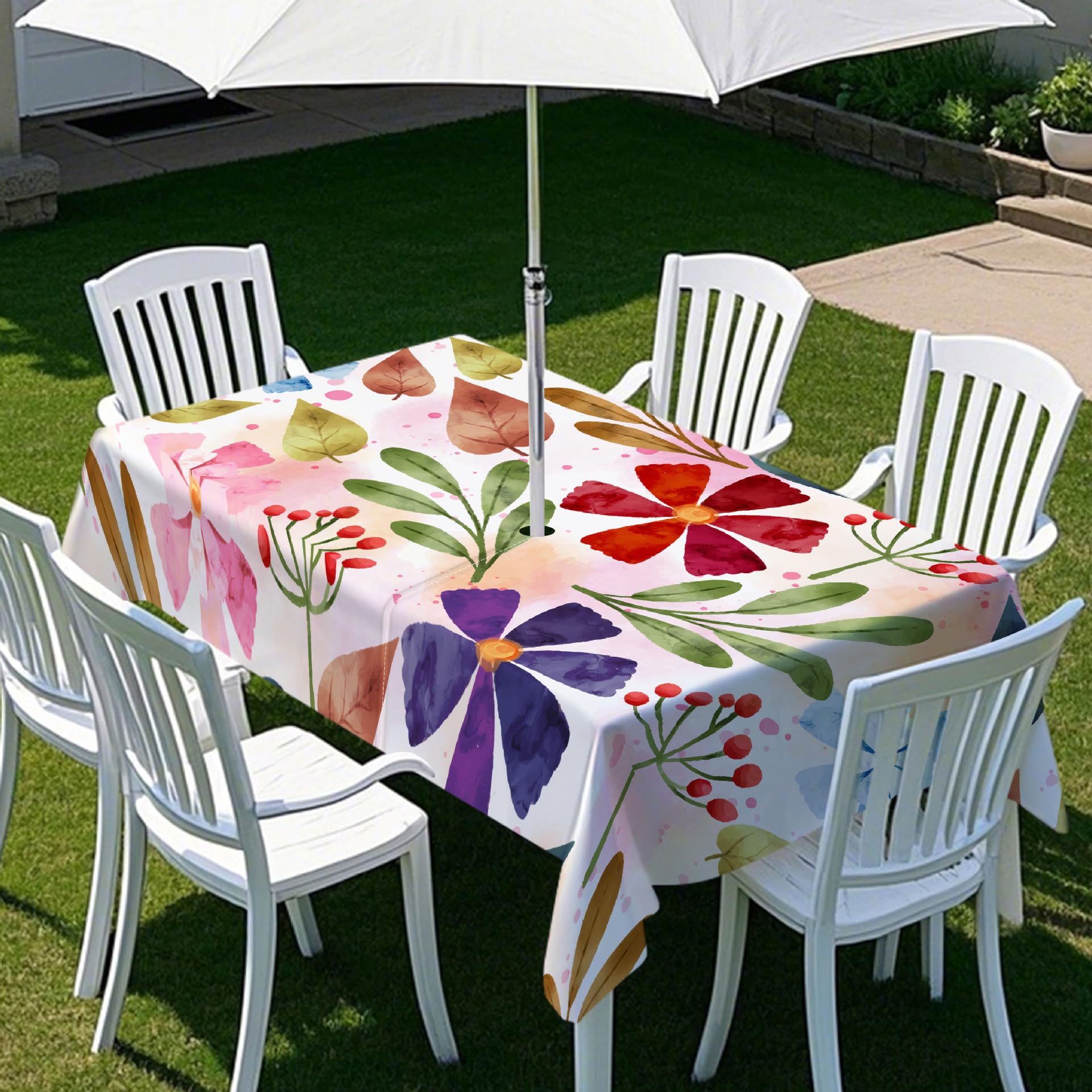 Chickwin Outdoor Tablecloths with Parasol Hole, Summer Flowers Tablecloth Rectangular Waterproof Stain Resistant Wipe Clean for Garden Table, Family Gatherings, BBQs, Party (Light Pink,102x60in)