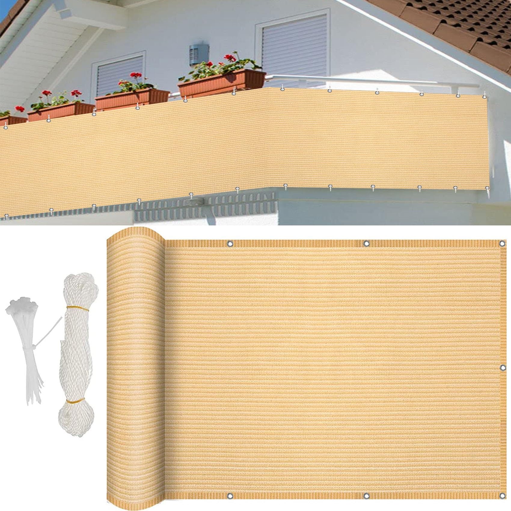 WQPMNYG Cream Balcony 65x1000cm (26x394in) - Opaque Wind Breaker Fencing with UV Protection Includes Rope & Eyelets for Easy Installation