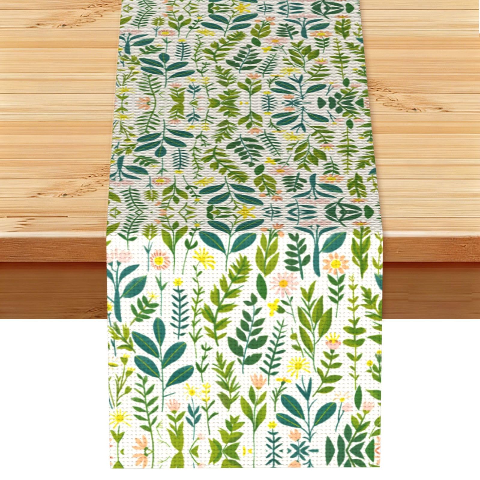 Fresh Green Pink Leafy Printed Table Runner 13 x 72, Wrinkle Resistant Decor for Dining Table Coffee Table Fireplace