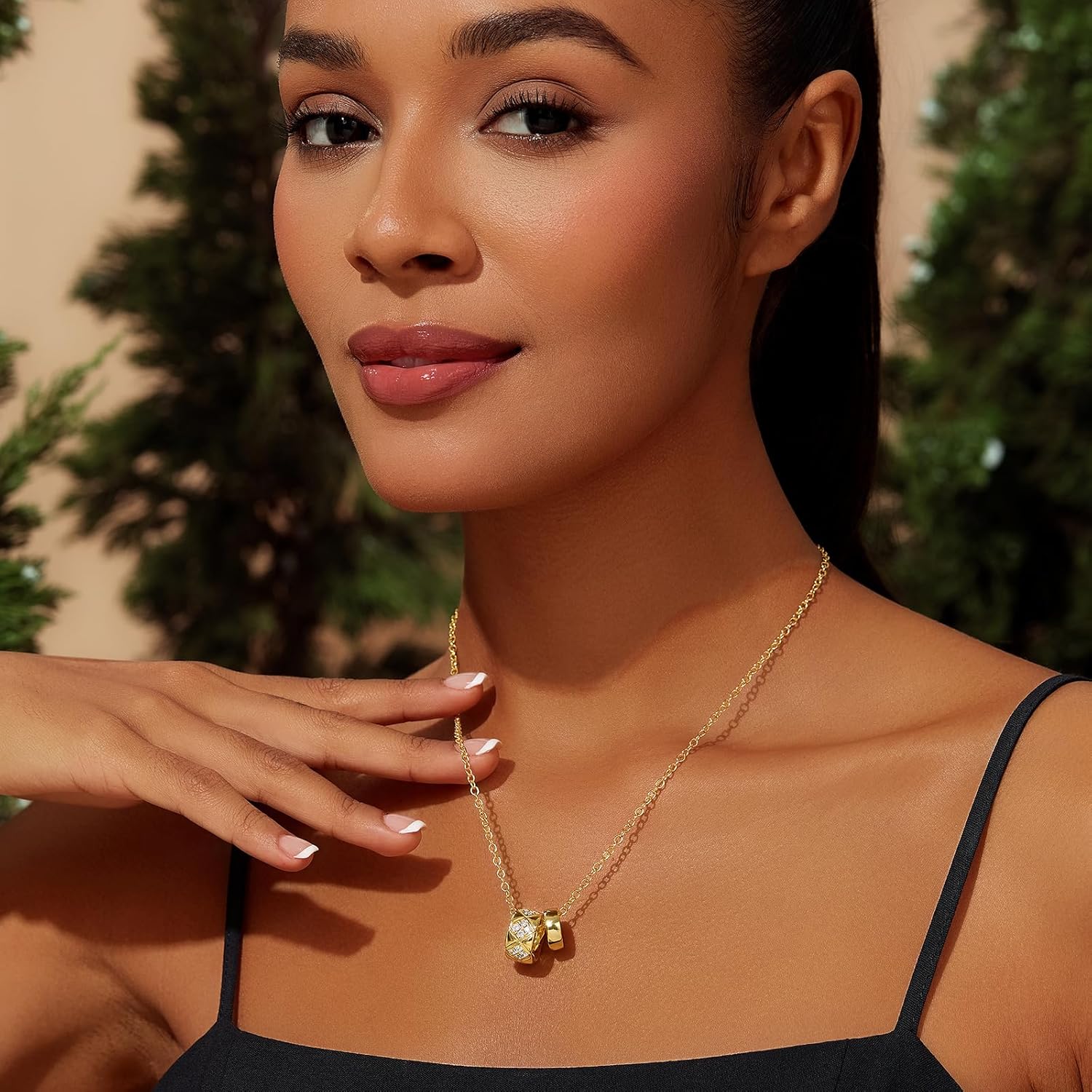 Cicy Bell Women Circle Rondelle Pendant Choker Necklace 18K Gold Plated Two Distinct Rondelle Pendants with Cubic Zirconia Trendy Jewelry Gifts - Image 4