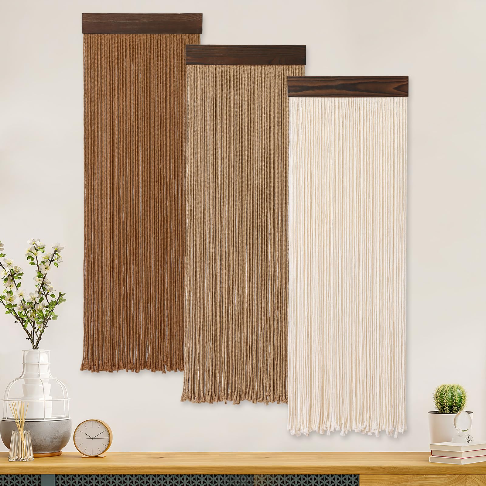 Weldomcor 3 piezas de hilo de macramé boho chic decoración del hogar, 30 x 92 cm, borlas, tapiz moderno hecho a mano, gran decoración de pared para salón, dormitorio, habitación de los niños