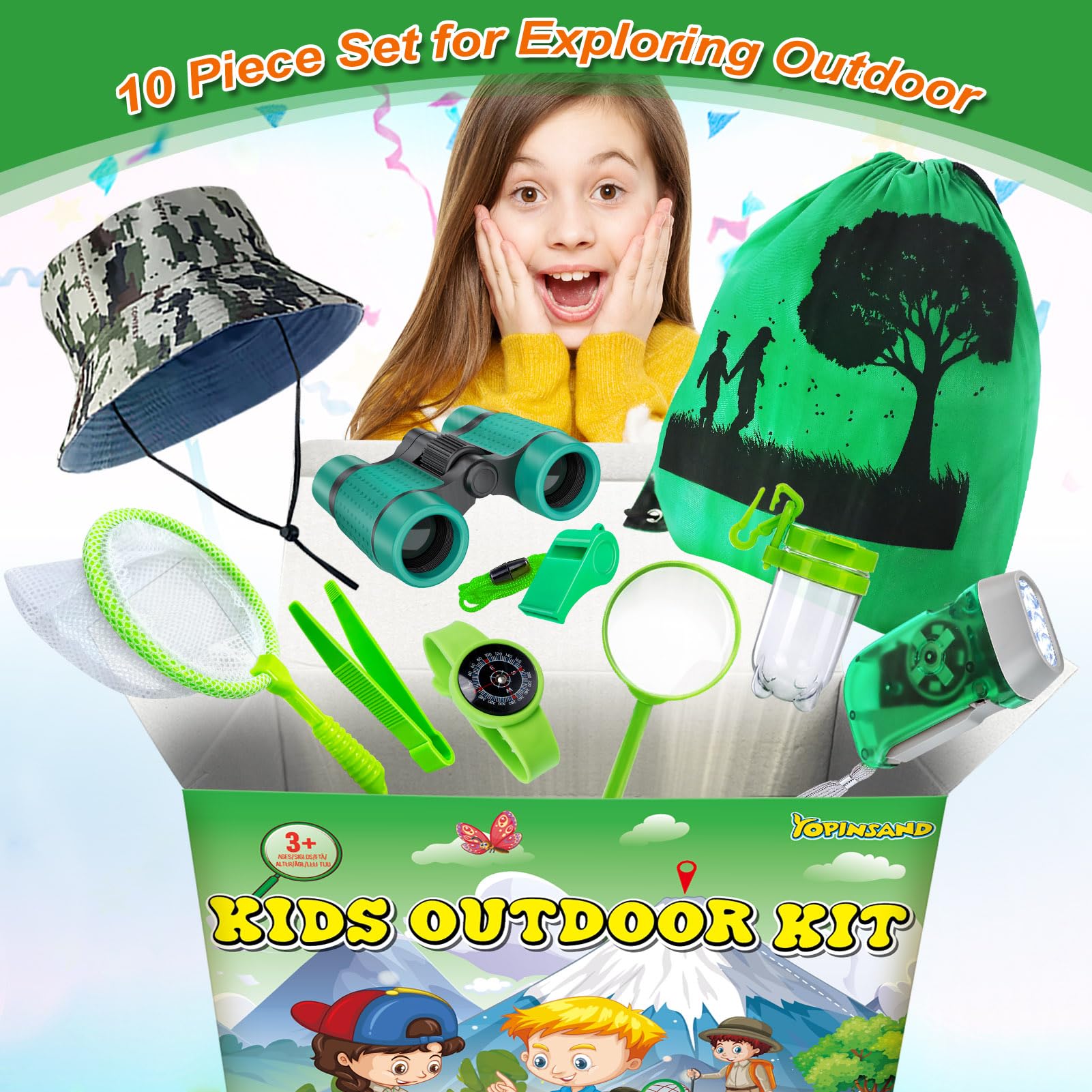 YOPINSAND Outdoor Exploration Kit, Camping Gear for Kids Children's Toy Explorer Kit with Backpack & Hat, Binoculars - Image 2