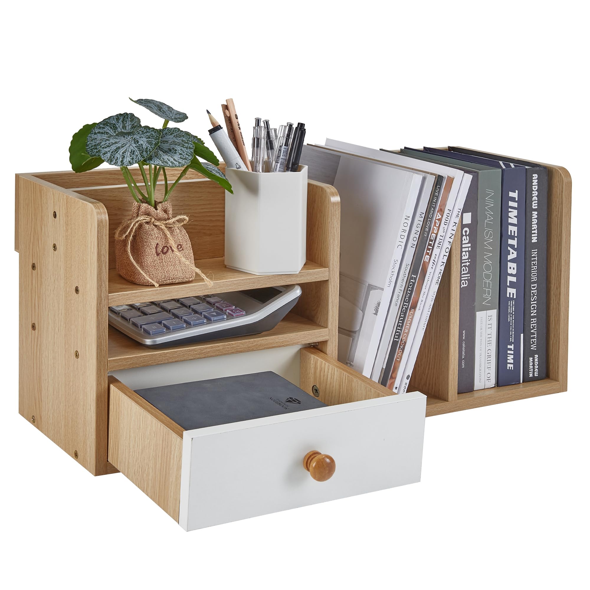 VECELO Desk Shelf, Tabletop Shelf, Desktop Rack with Drawer, Tabletop Rack, Desktop Storage, Book Stand, Organizer, Stylish, Large Capacity, Organization, Stationery, Multi-functional, Easy Assembly