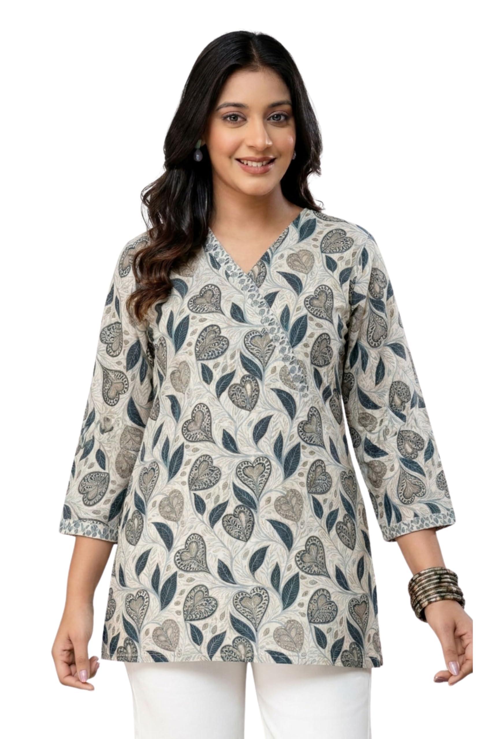 Women's Printed Kurti, Heart and Leaf Print, V-Neck, 3/4 Sleeves, Casual Ethnic Top-picture-34