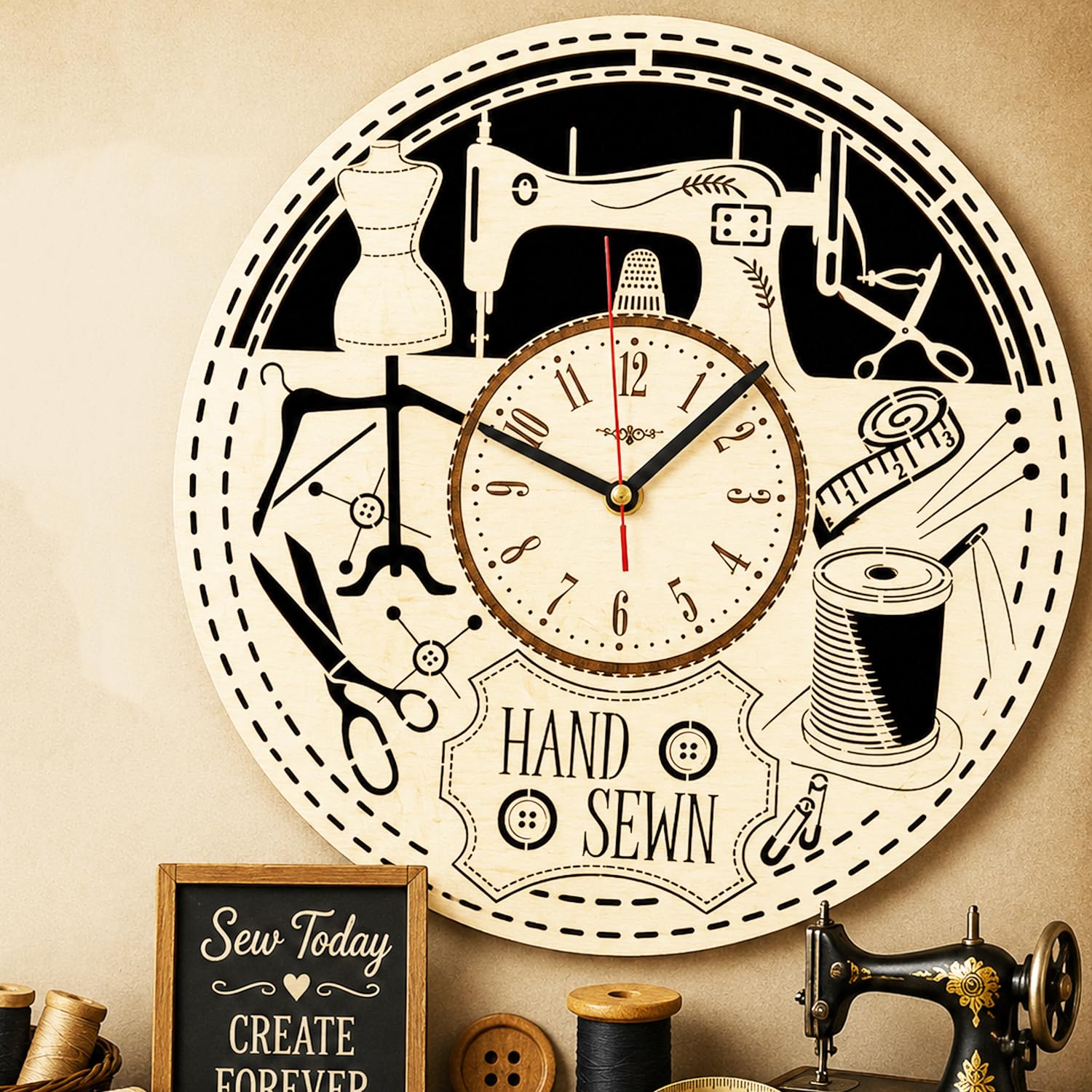 Sewing Wall Clock Wooden Wall Decor | Tailor & Fashion Designer Decorative Clock | Sewing Machine Craft Room Wall Art | Gift for Seamstress, Tailor, Boutique Owner & Sewing Lovers-image-17