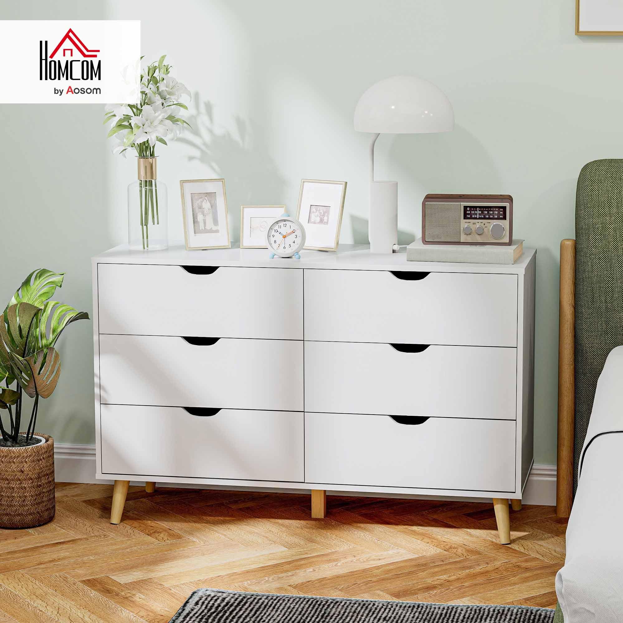 HOMCOM Komoda z 6 szufladami, szafka do przechowywania w stylu skandynawskim z drewnianymi nogami, do sypialni, salonu, 120 x 40 x 76 cm, biała