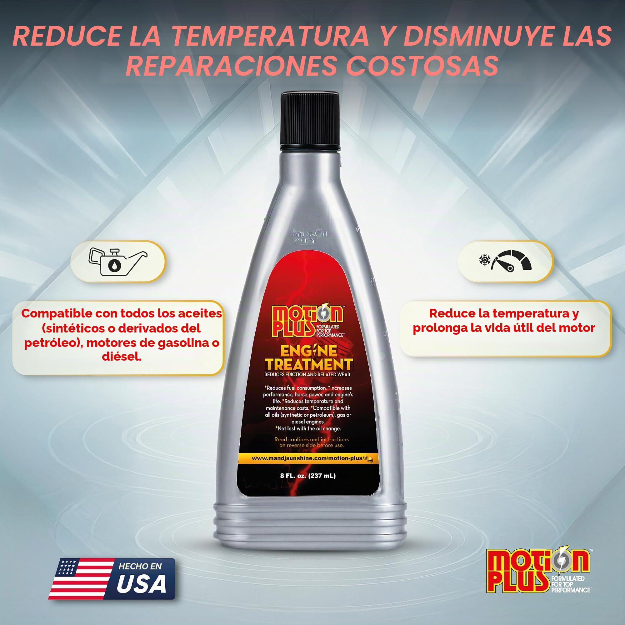 Tratamiento de motor Motion Plus/tratamiento de metal/superlubricante/resistente/antifricción/tratamiento de metales del motor/lubricante/EP/automoción/coches/8 onzas