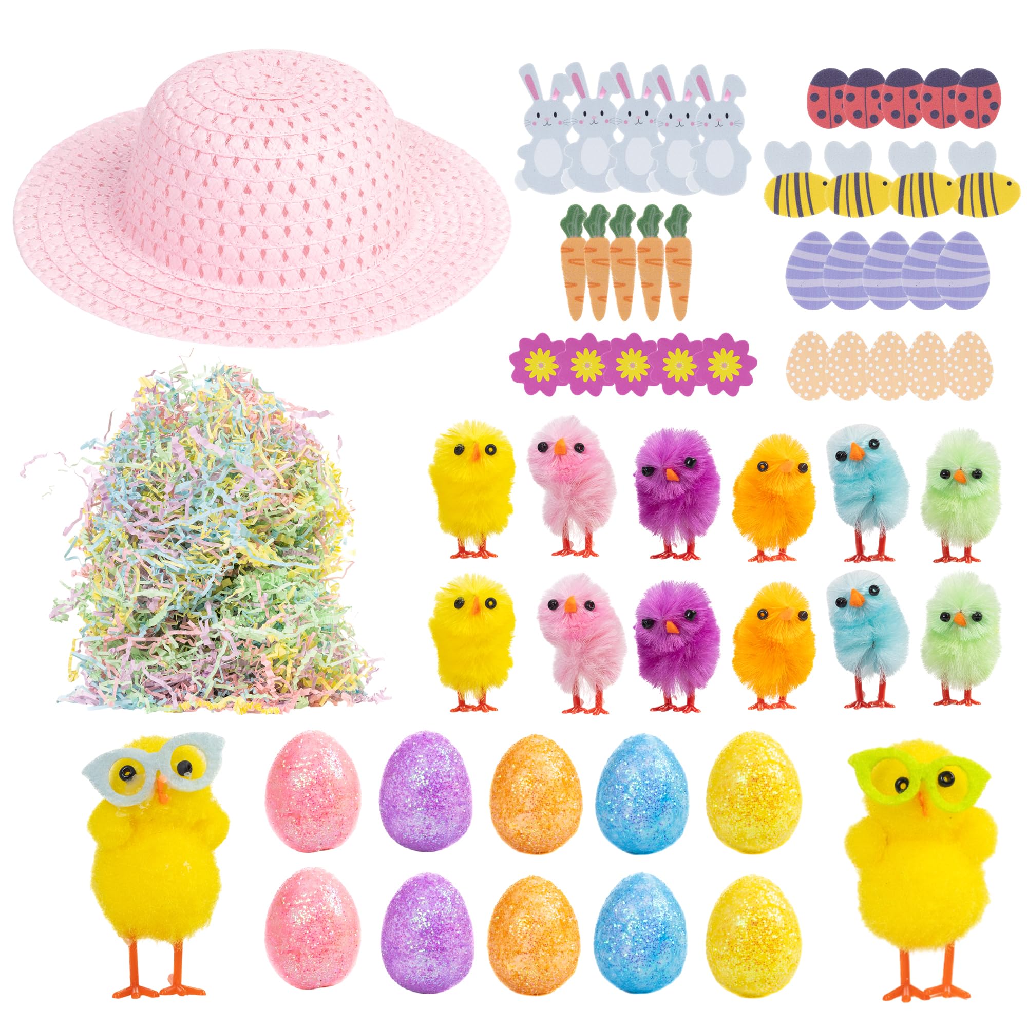 evelay Easter Bonnet Hat Craft Kit - Decorate Your Own Bonnet with Chicks Stickers & Eggs - Spring Parade Party Accessory & Creative Activity (Pink)