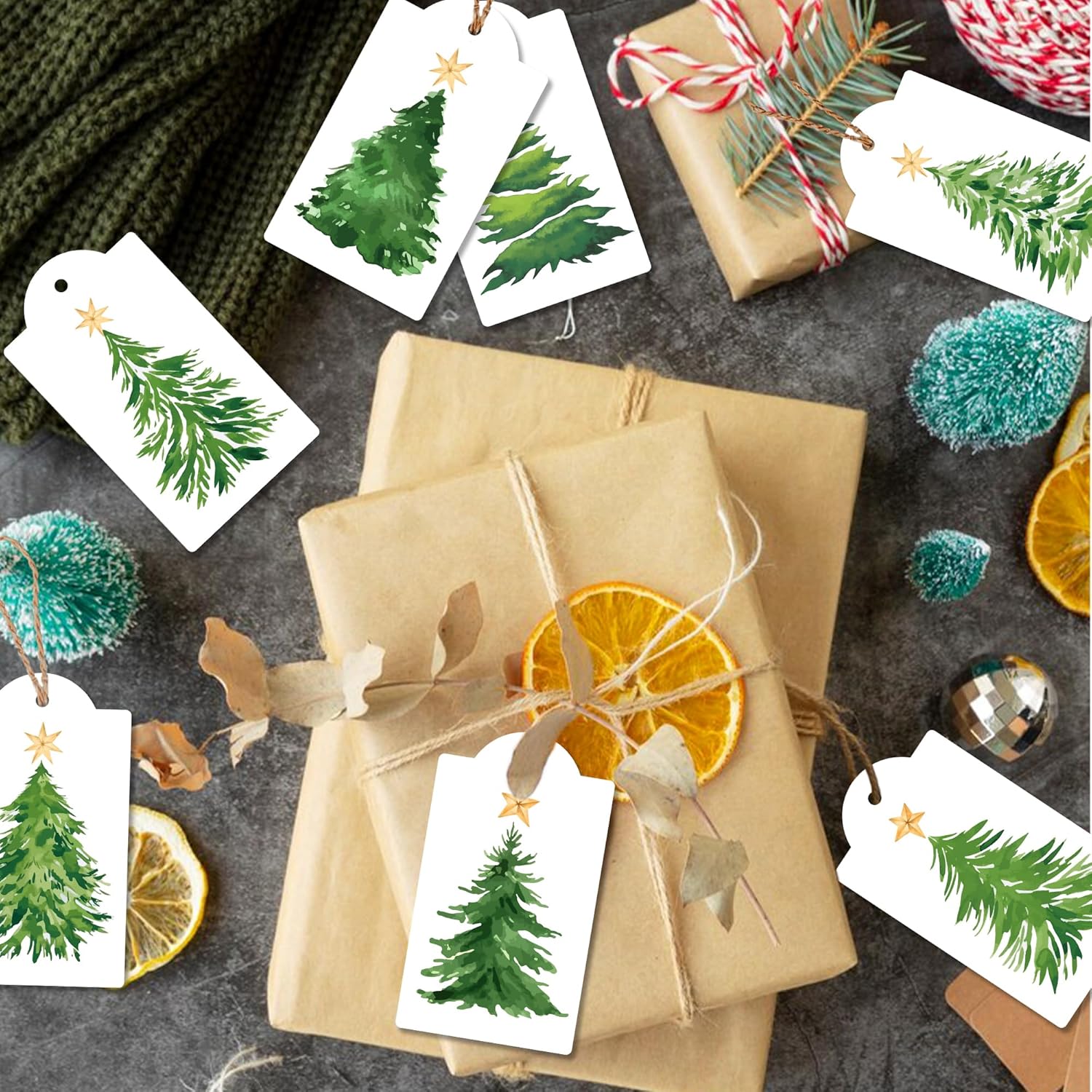 120 Pcs Christmas Tree Gift Tags with Hemp Rope Green Watercolor Christmas Tree Paper Tags Winter Holiday Hanging Name Labels for Xmas Party Favor Present Decoration - Image 6
