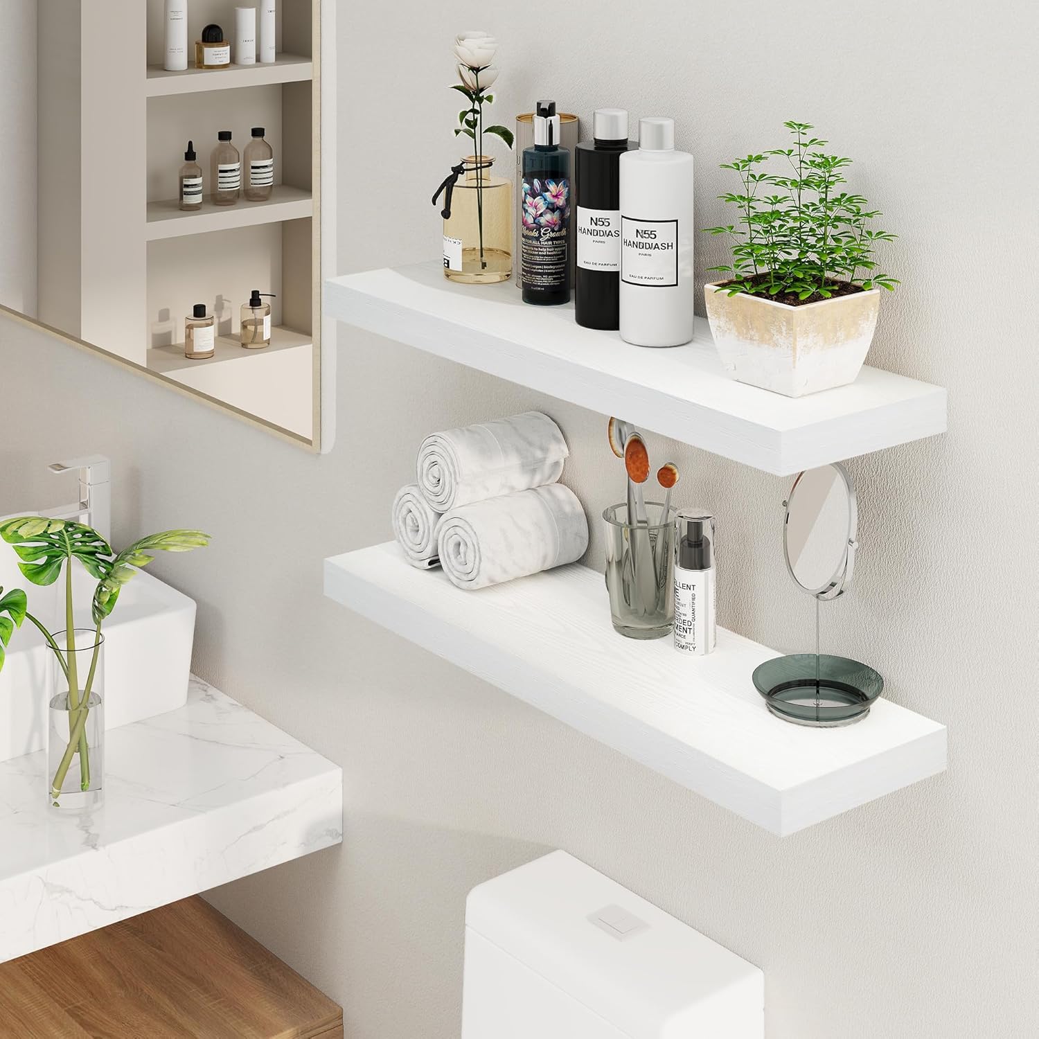 fun memories white floating shelves 36 inch long, 8 inch deep floating shelf for wall, 36" w x 8" d floating shelves set of 2, white deep wall shelves for bedroom, living room, kitchen white 36 inch, 2 pack