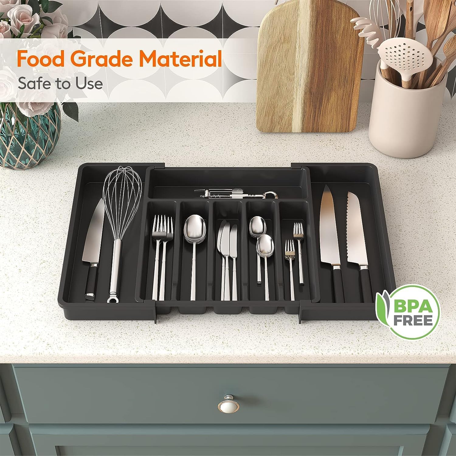 Silverware Organizer - Expandable Kitchen Drawer Organizer, Adjustable Utensil Organizer, Cutlery Drawer Organizer for Forks, Knives, Multipurpose Kitchen Organizers and Storage Solution, Black