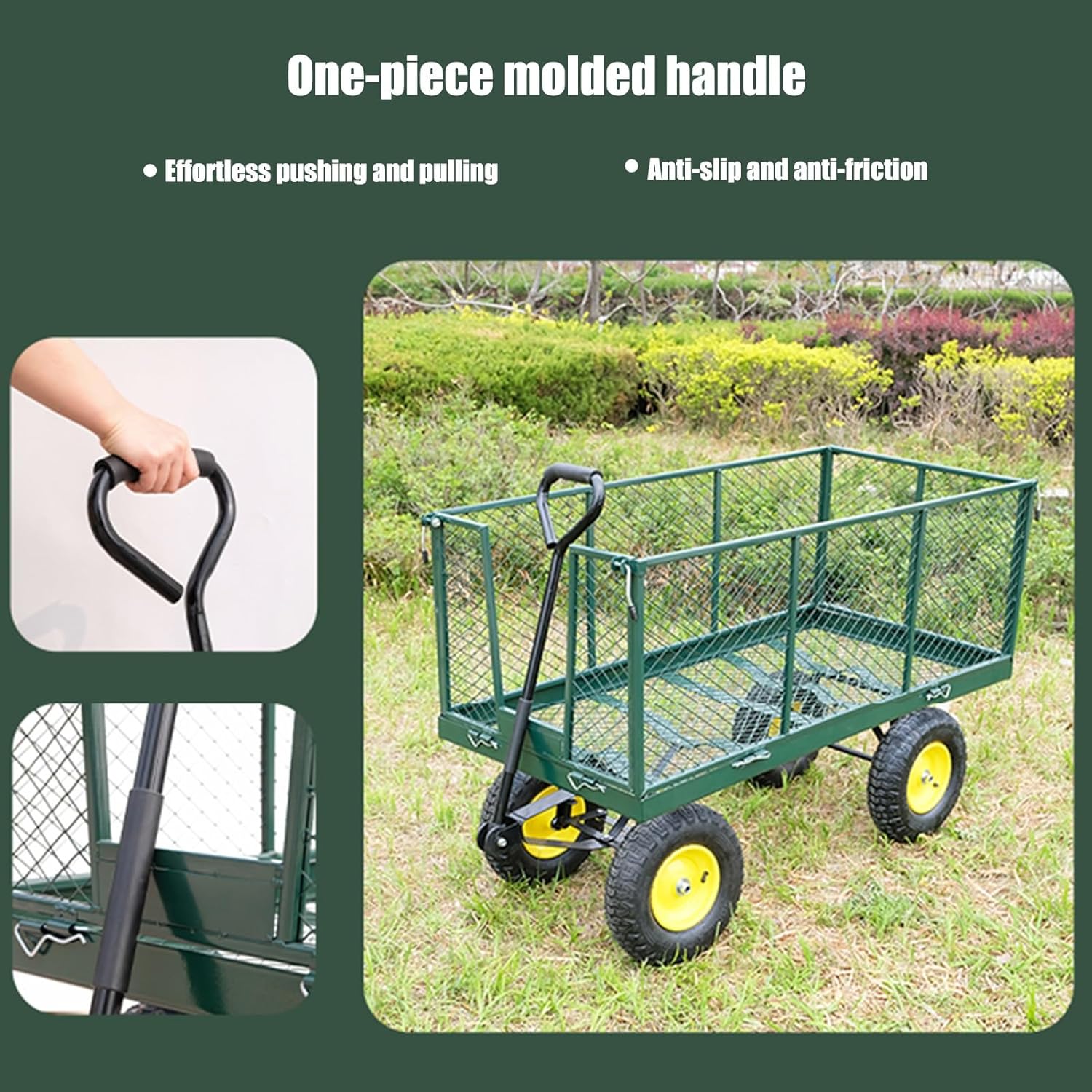 Wagon, Garden Cart, Heavy Duty Utility Yard Cart, Garden Wheelbarrow Cart, All-Terrain Pneumatic Wheels, Removable Fence, for Outdoor Lawn Yard Farm Ranch, Green(L96cm/37.7in)