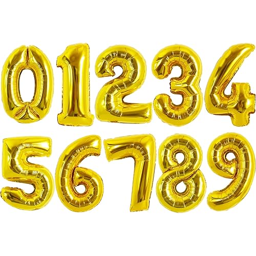 TONIFUL 16 Inch Number Balloon Gold 0-9 Mylar Foil Number Balloons 10 Pcs Custom digitalal Balloons for Birthday Party Engagement Graduations Anniversary Baby Shower Decorations Party Supplies