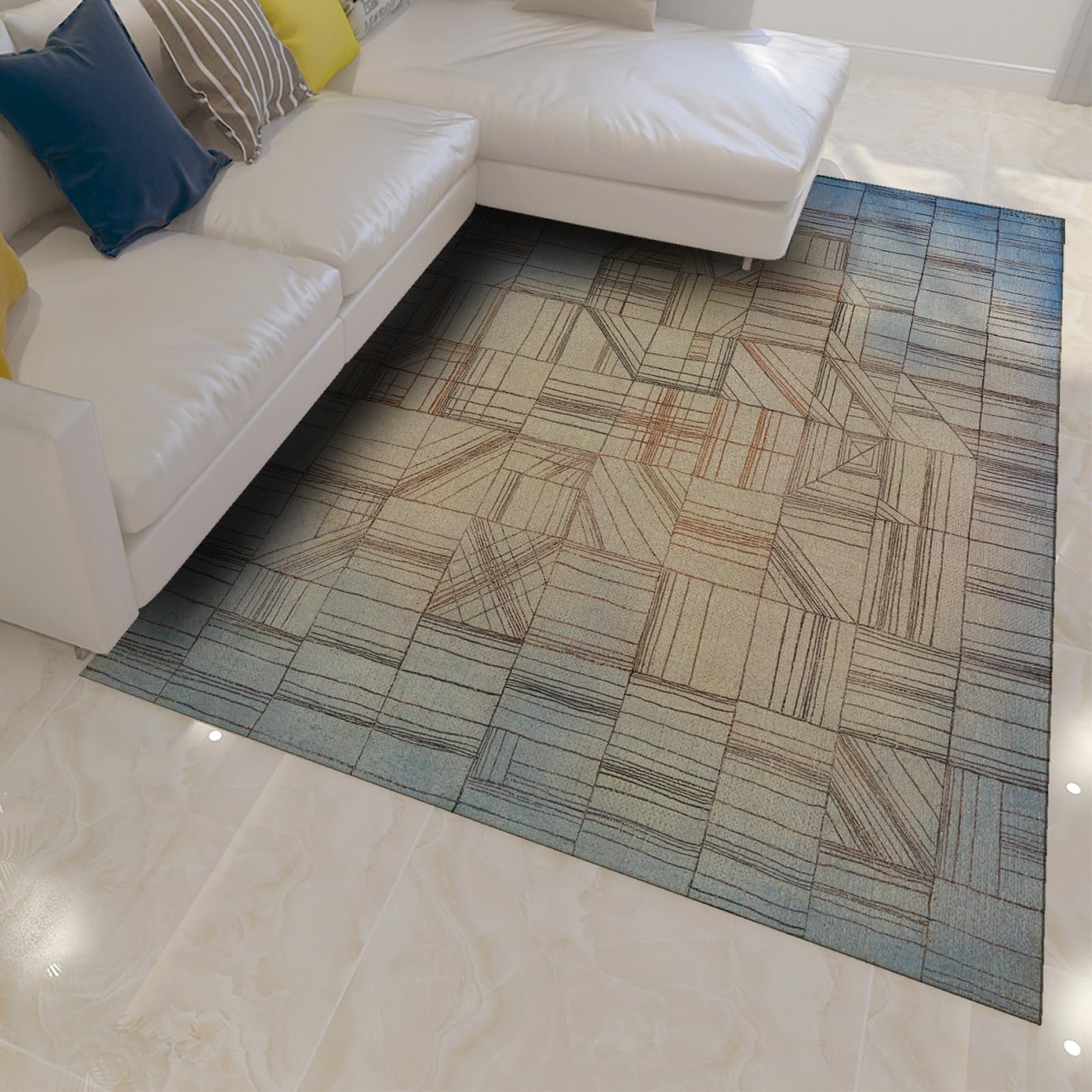 Niebieskie dywaniki 90 x 150 cm geometryczny wzór dywany do salonu beżowy antypoślizgowy dywan do łóżka w akademiku przedszkola estetyczna dekoracja