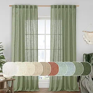 LAMIT 95 Inches Long Sage Green Linen Curtains for Living Room, Back Tab and Rod Pocket Linen Textured Curtains Light Filtering Boho Drapes for Bedroom/Dining Room, Set of 2, 52 x 95 Inch