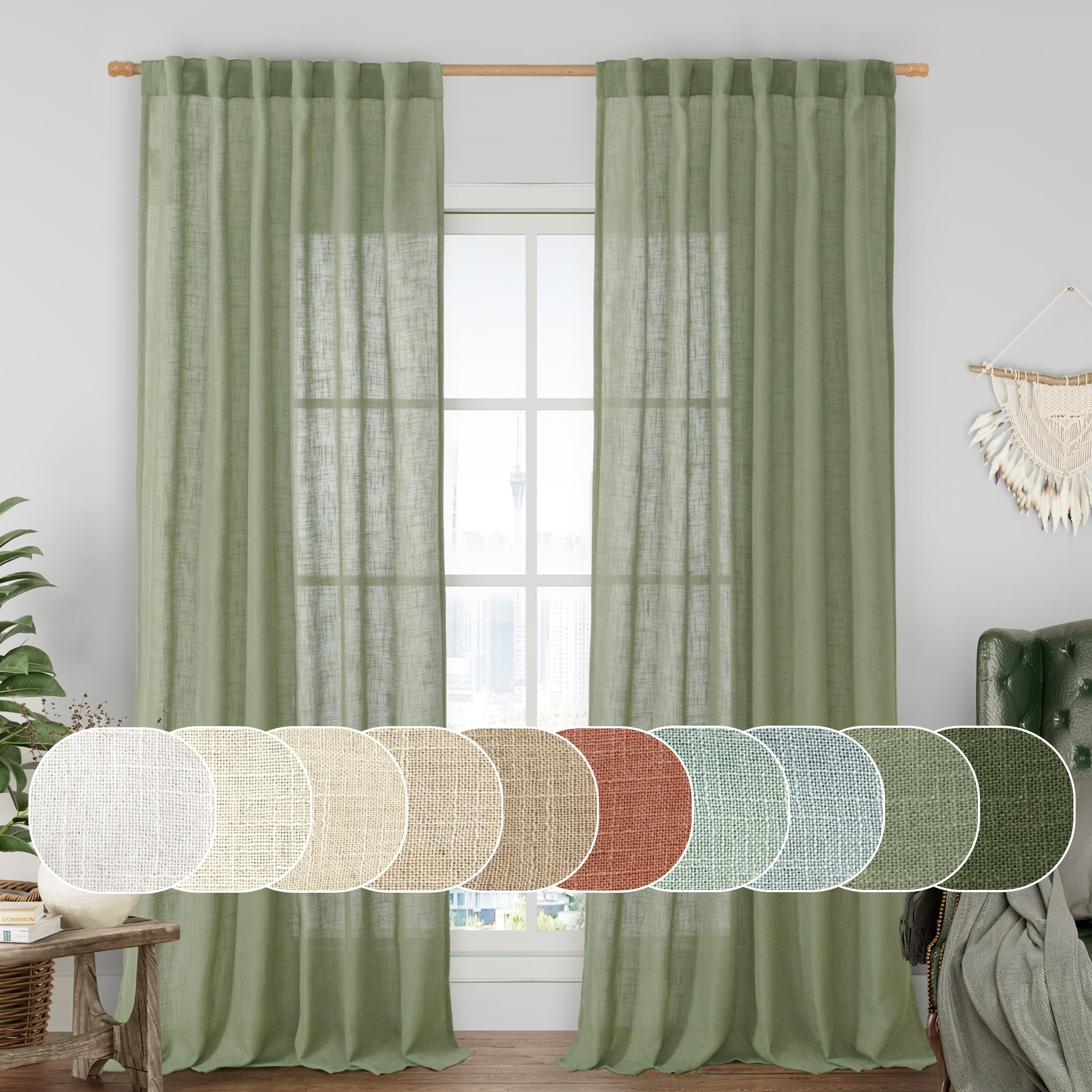 LAMIT Sage Green Linen Curtains for Living Room 108 inch Length 2 Panels, Light Filtering Semi Sheer Panels Back Tab and Rod Pocket Panels for Bedroom/Sliding Glass Door, 52 x 108 Inch โ image 1