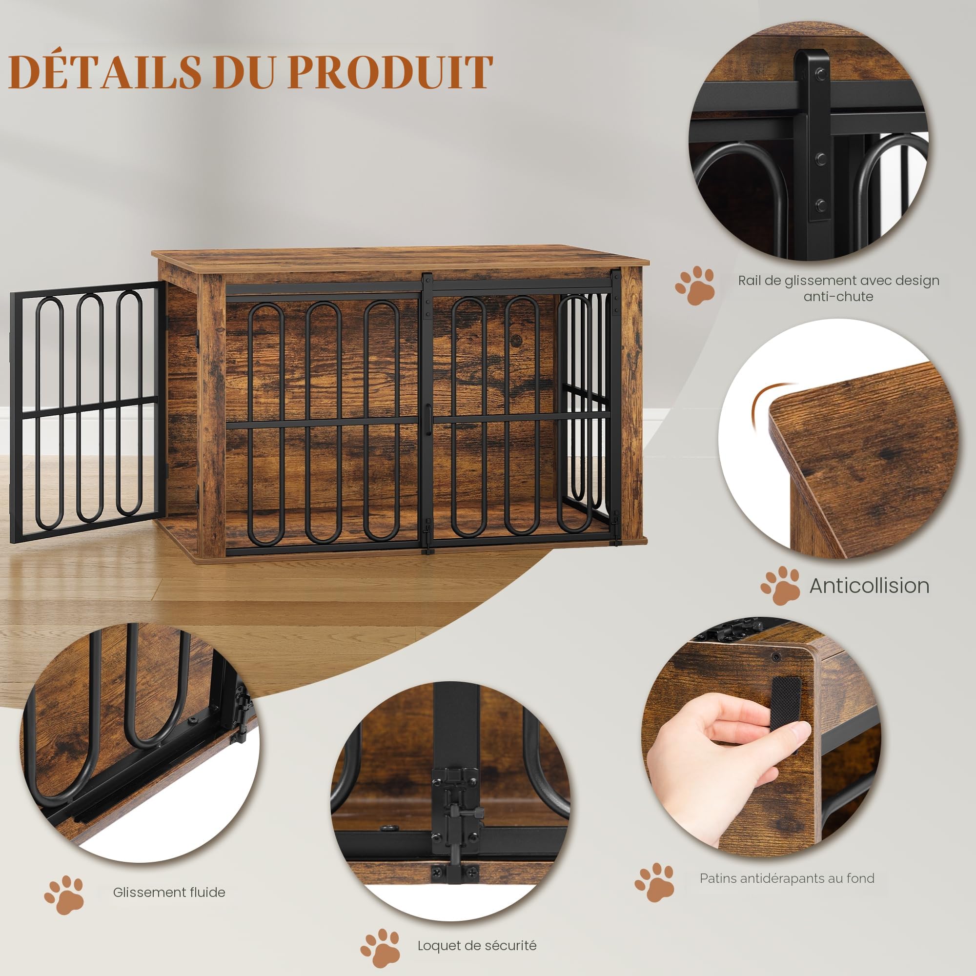 HEXCELEN Cage pour Chien avec Porte Coulissante, 2 Portes, Table d'appoint, pour Petits et Moyens Chiens, Marron, 100 x 60 x 62,4 cm