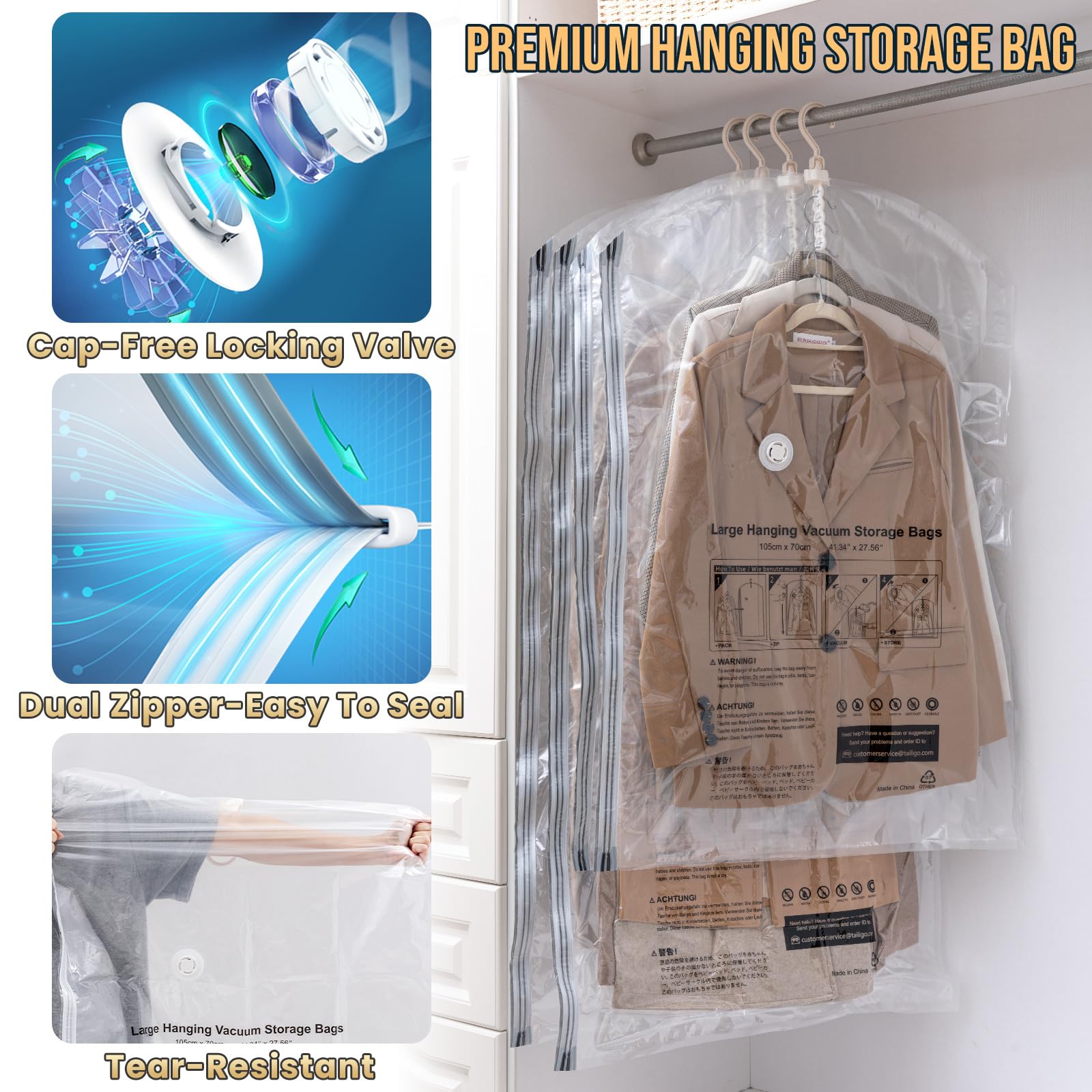 TAILI Bolsas colgantes de almacenamiento al vacío con bomba de aire eléctrica, bolsas de sellado al vacío para ropa, viajes, perchas de ahorro de espacio para ropa, abrigos, trajes y chaquetas, juego