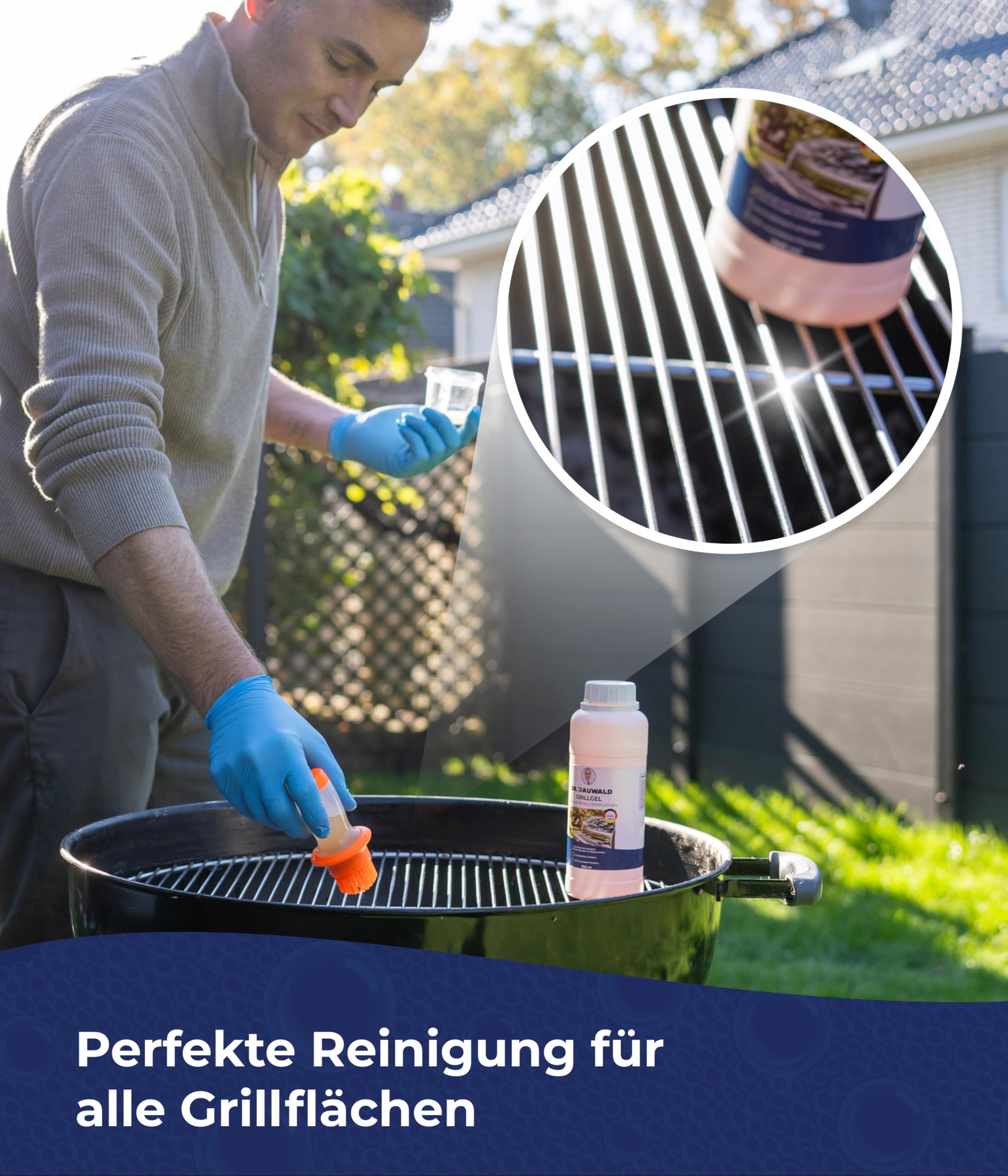 Charlott Dr. Rauwald Grillreiniger Gel 500ml Set mit Tank-Pinsel & Handschuhen | Haftendes Aktiv-Gel für Edelstahl & Gusseisen. Löst Eingebranntes. 4-tlg. Set inkl. Tank-Pinsel, Brille & Handschuhen.