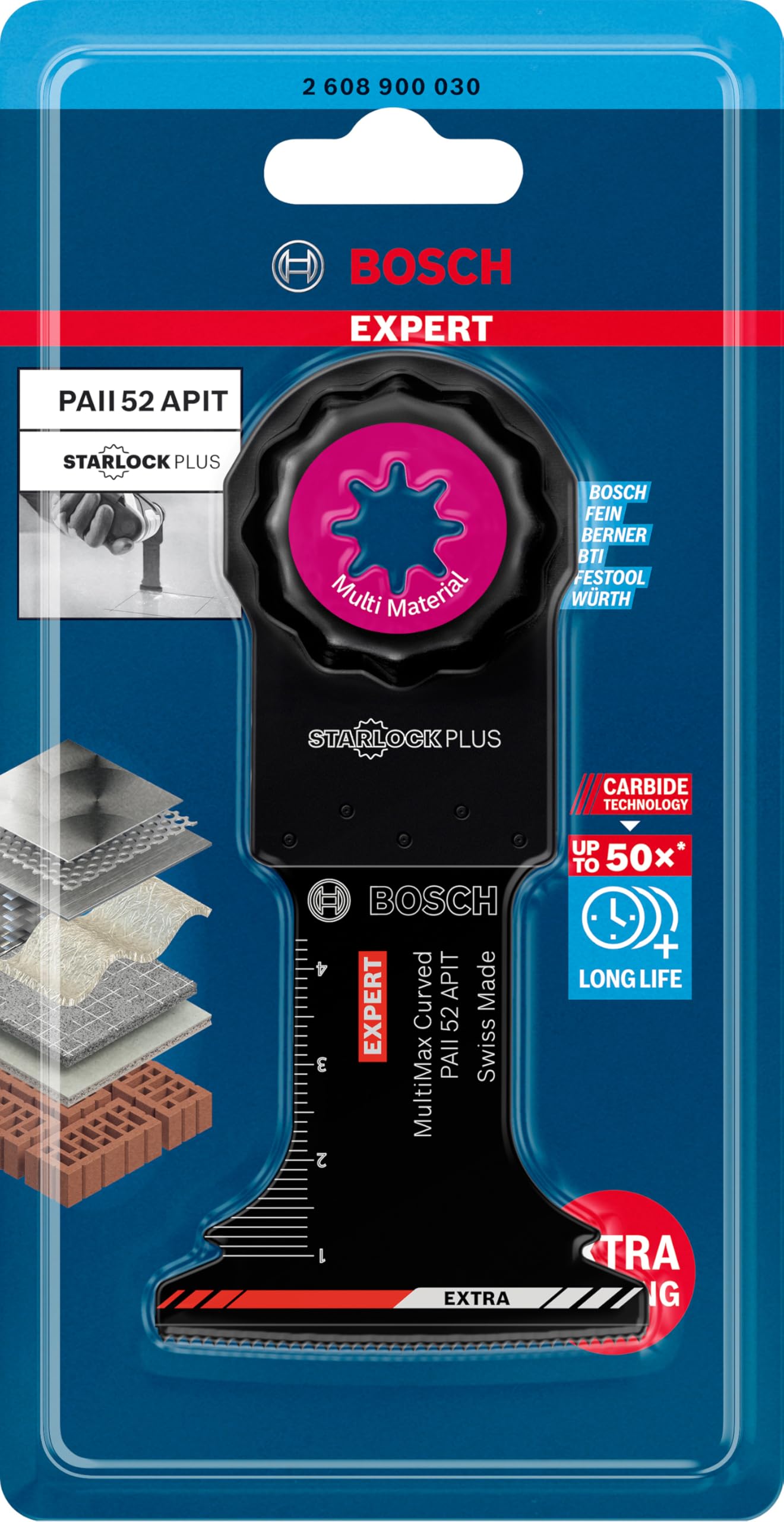 Bosch Professional 1 x Hojas de multiherramienta Expert MultiMax PAII 52 APIT, para Láminas de acero inoxidable, Anchura 52 mm, Accesorios Multiherramienta