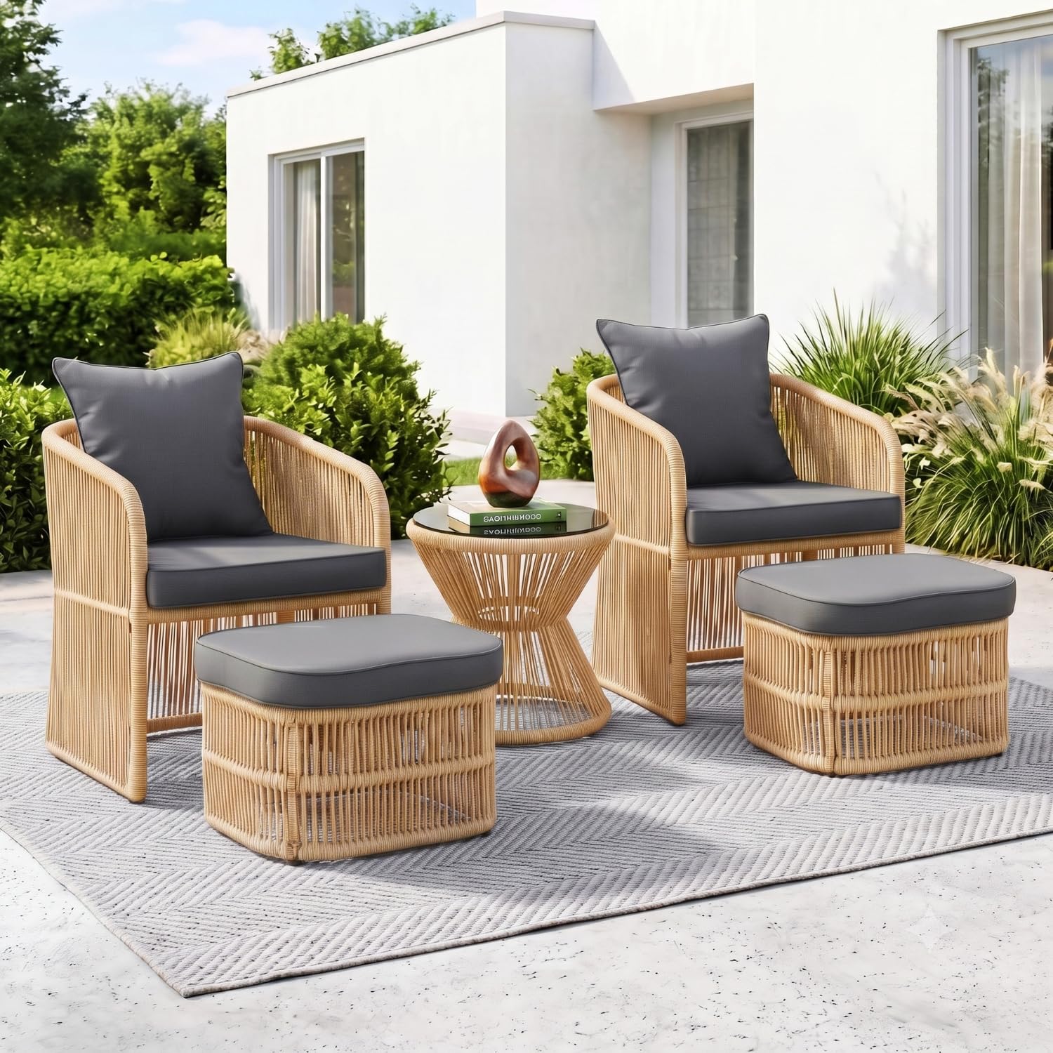 DEVOKO 5-Piece Outdoor Patio Rope Conversation Set with Ottomans & Glass Top Side Table, Strong Metal Frame, UV & Water-Resistant Cushions for Balcony, Porch & Garden (Beige & Dark Grey)-image-27