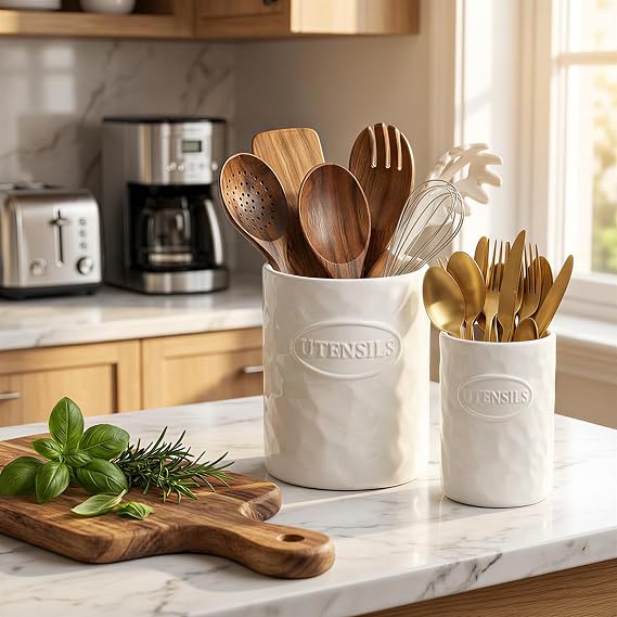 White Utensil Holder Set of 2 Ceramic Cooking Utensil Crock Modern Kitchen Utensil Organizer for Countertop Spatula Spoon and as a Decorative Vase for Housewarming Gift