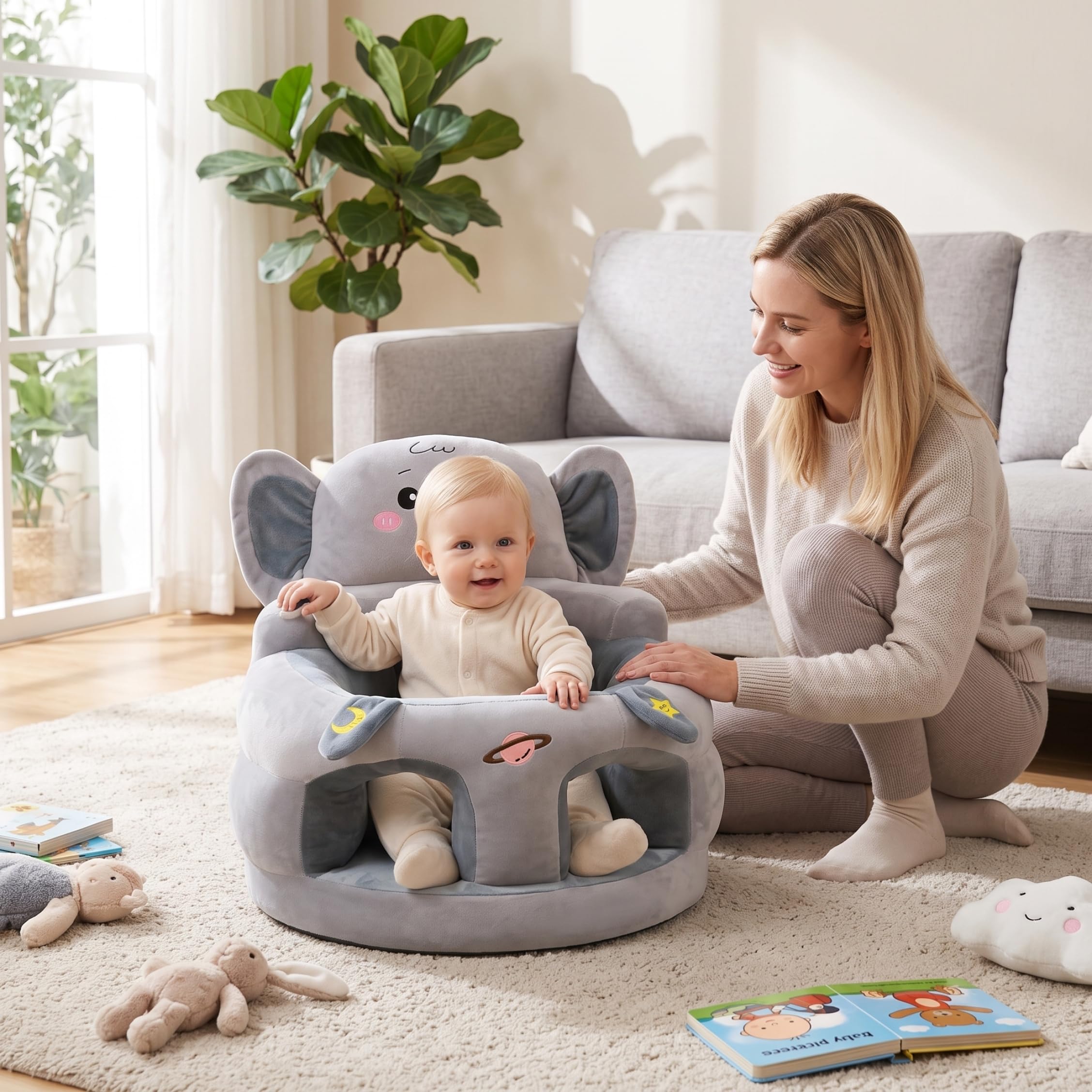 Sit Me Up Seggiolino da Terra per Neonato, Seggiolone per Baby Sit Up, Supporto Morbido, Elefante Grigio, 17, 7×15, 8 Pollici