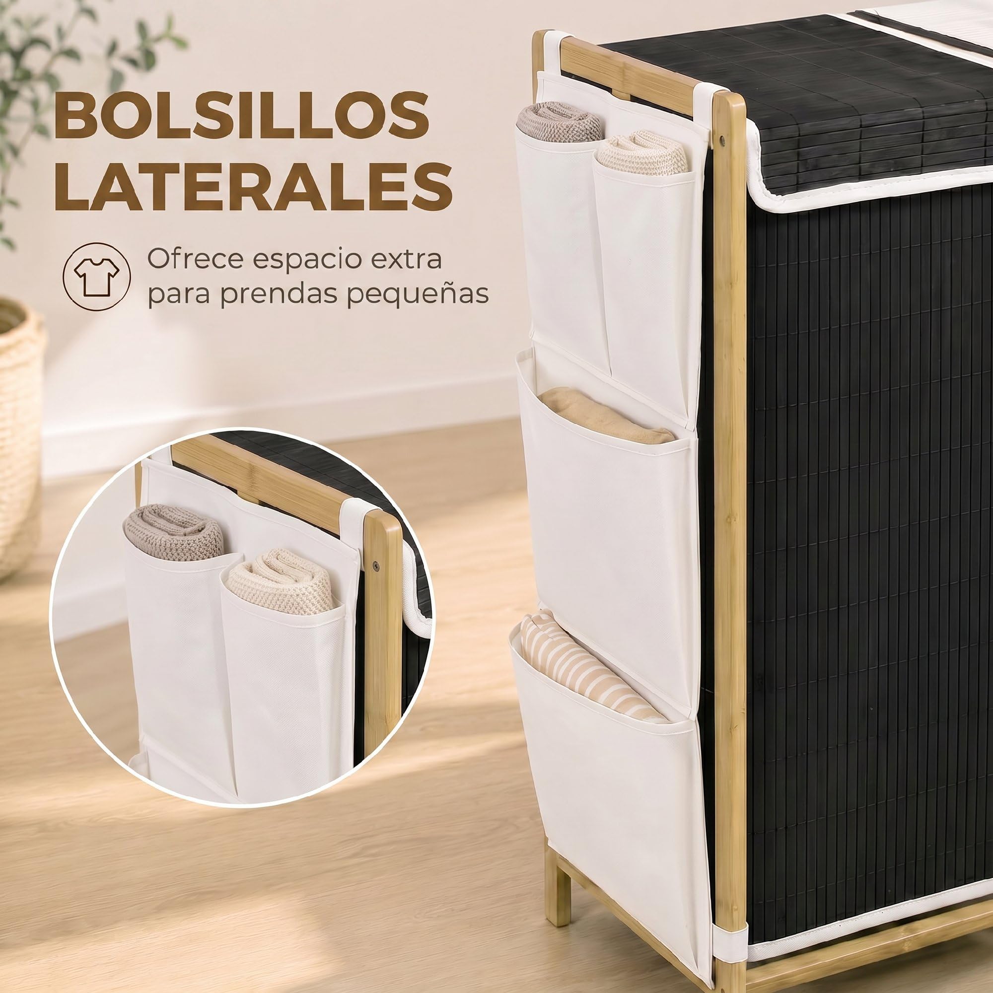 HOMCOM Cesto de Ropa Sucia con Tapa, 120L, 63x33x78 cm, Blanco y Negro | Cesta de Ropa Sucia de Bambú,2 Compartimentos,Bolsas Extraíbles y Lavables con Cordón,Bolsillos Laterales,para Lavandería