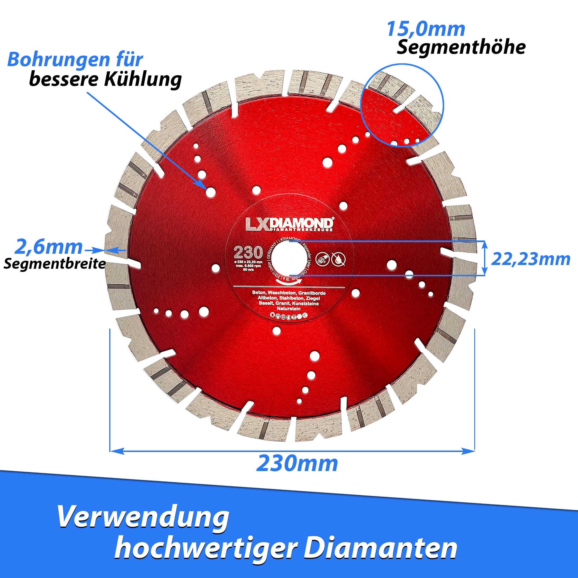 Diamant-Trennscheibe 230mm x 22,23mm - Segment 15mm - für Hartgestein Kunststeine Stein Ziegel Granit Granitborde Stahlbeton Naturstein Beton Diamantscheibe 230 mm - in Premium Qualität