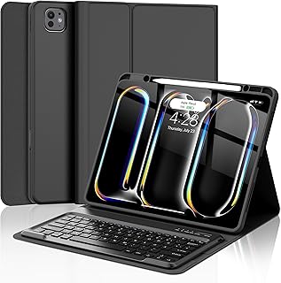 كيبورد أموجوي بتقنية بلوتوث قابل للفصل مع حامل قلم وشحن لاسلكي باللون الأسود متوافق مع التابلت