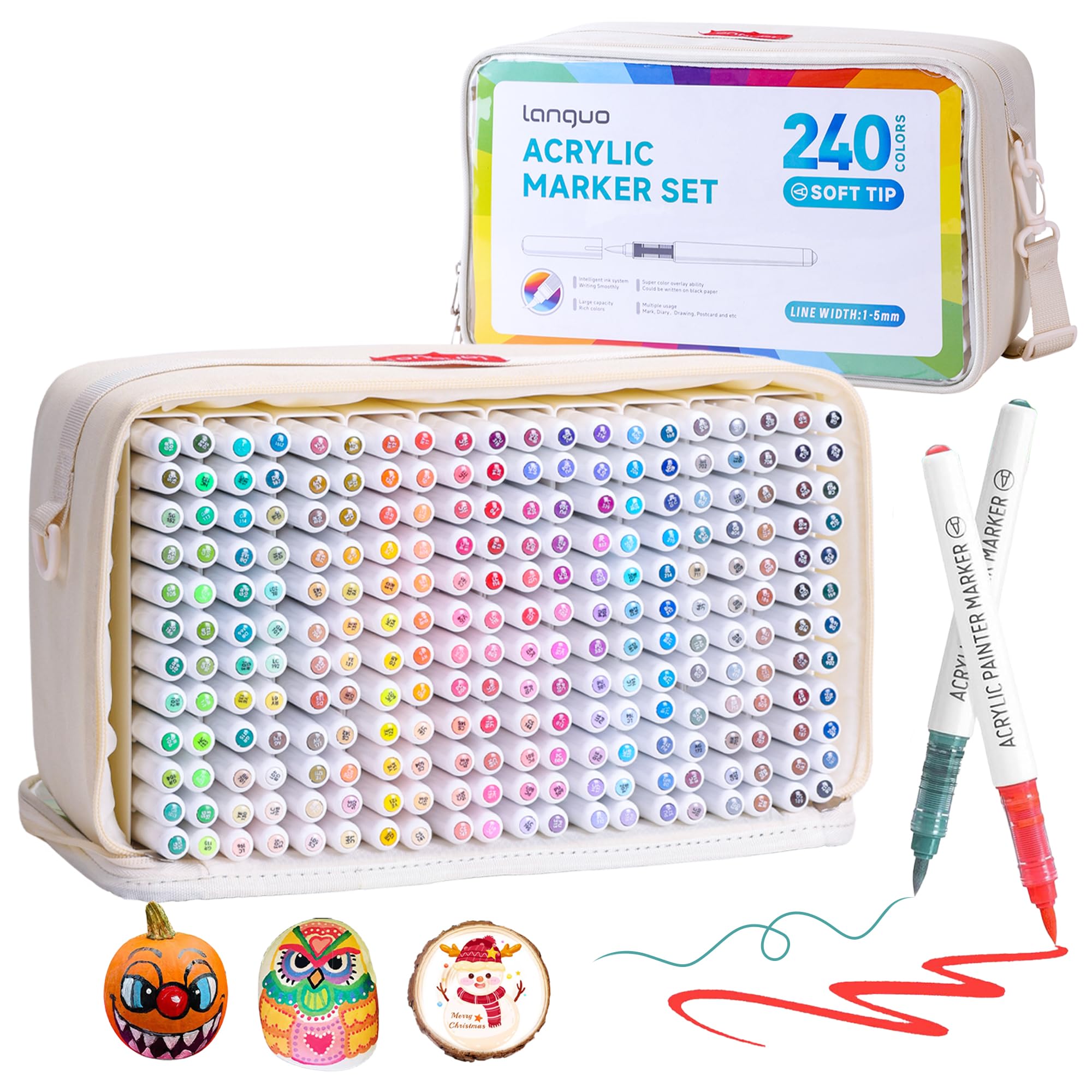 240 Farben Acrylfarben Markerstifte - Pinselspitze, Lebendige Farben für Holz, Stoff, Glas & Mehr, Acrylmalstifte Set mit Aufbewahrungskoffer, Ideal für DIY Bastelprojekte