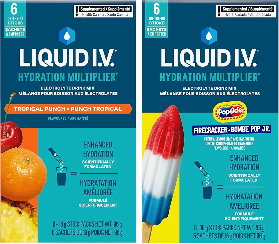 Liquid I.V. Hydration Multiplier Electrolyte Drink Mix for Accelerated Hydration Tropical Punch Firecracker with Vitamins B3, B5, B6, B12 and C 48 g (6 sticks x 2)
