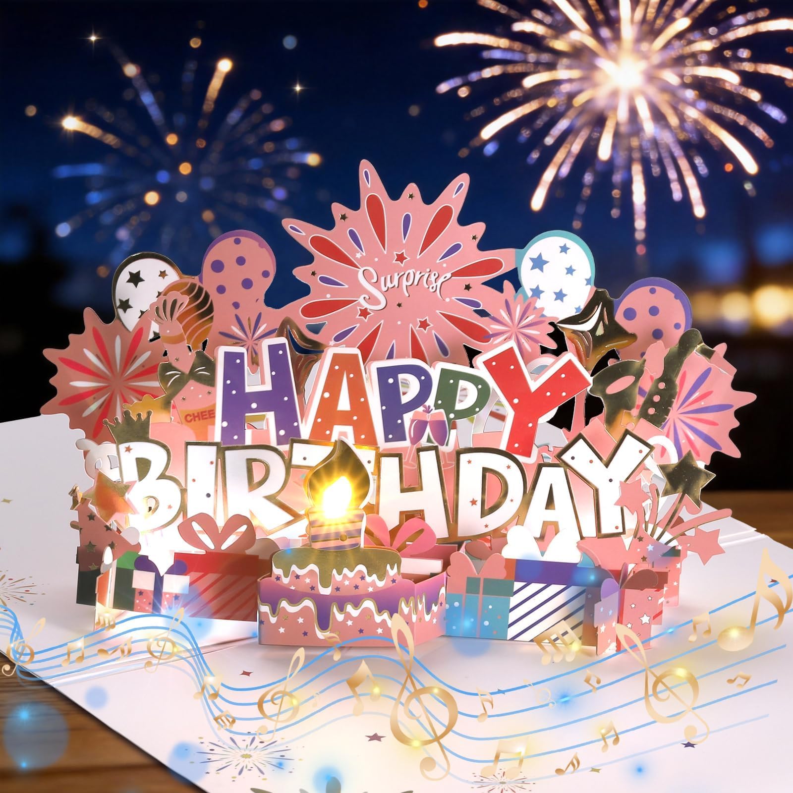 Musical Birthday Card, 3D Pop Up Birthday Card with Music & Firework & Light, Blowable Candle with Sensor, Birthday Gifts for Women, Men, Grandma, Mum, Boys, Girls and Kids