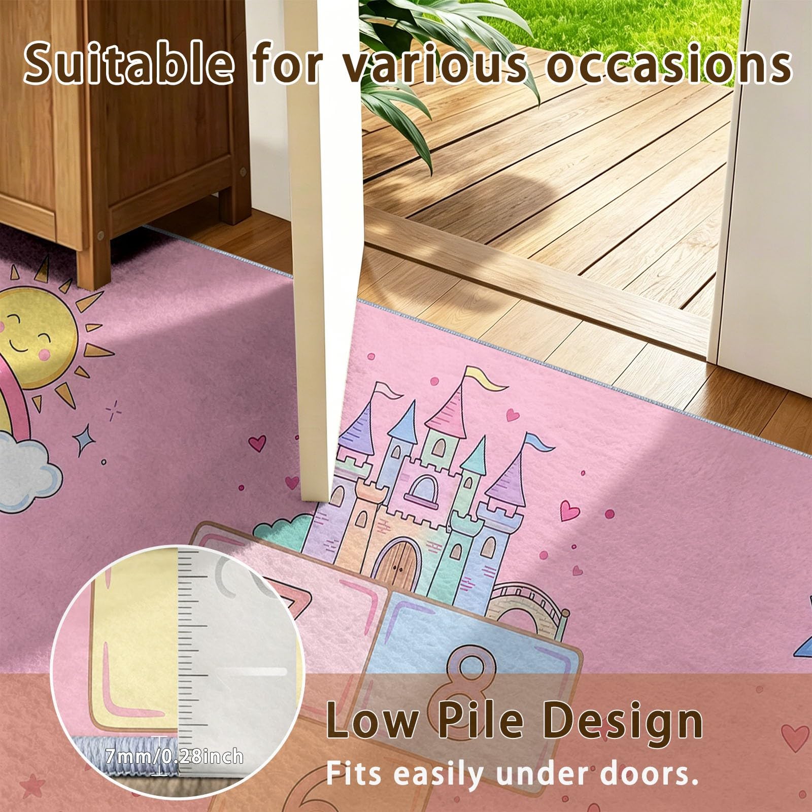 Traumhafter Cartoon Teppich Rosa Waschbar rutschfest für Wohnzimmer, 140x200 cm | Hüpfkästchen-Blöcke Schmetterlinge Wolken Weicher Kurzflor Pflegeleicht Teppich für Schlafzimmer, Esszimmer, Büro
