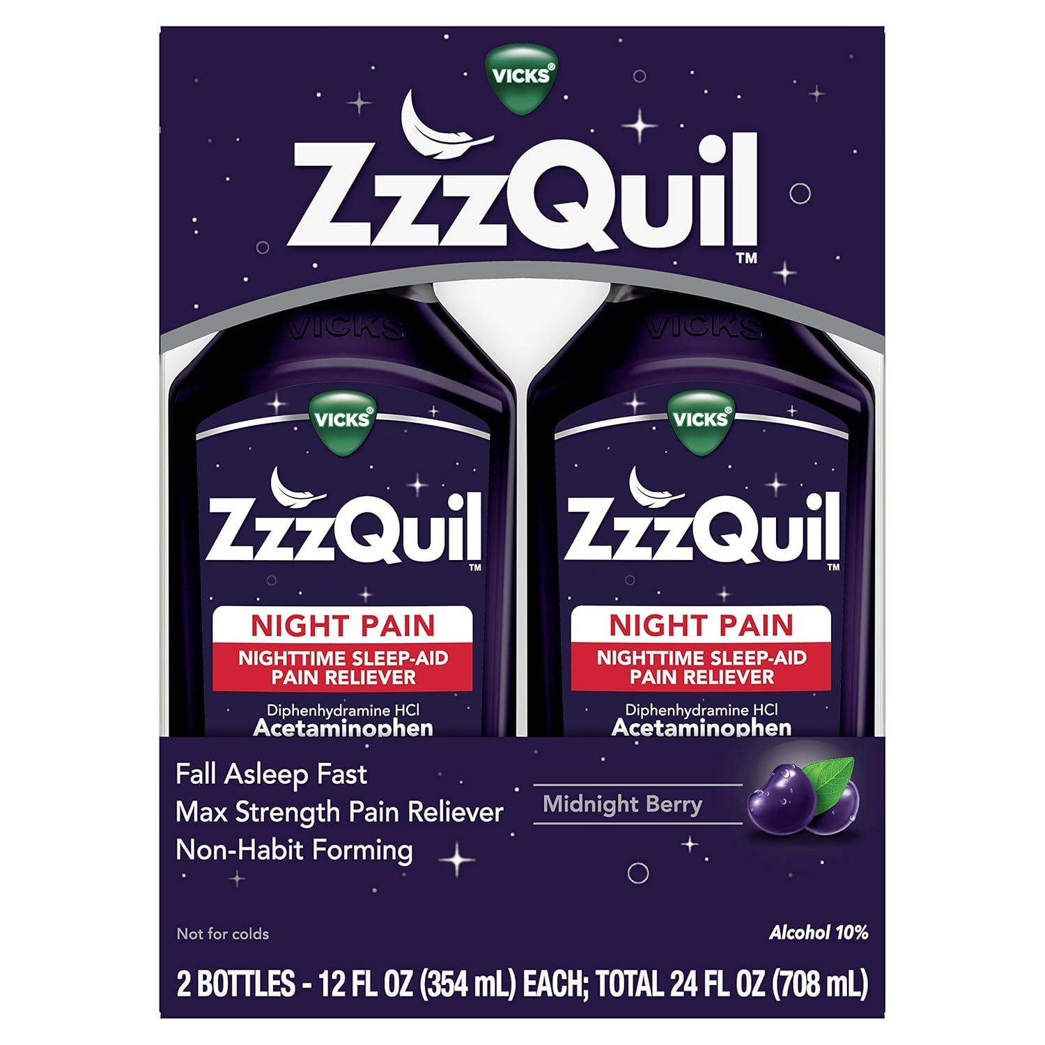 ZzzQuil Líquido, Analgésico Máxima Força, Ajuda para Dormir Noturna, Acetaminofeno 1000mg, Diphenhydramine 50mg HCI, Sem Formação de Dependência, Sabor Frutas da Meia-Noite, 2 Pacotes, 710ml