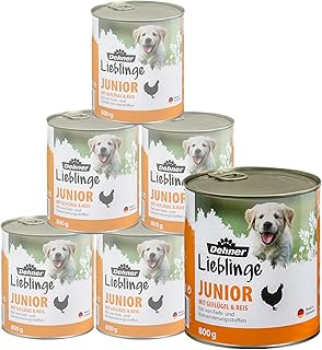 Dehner Hundefutter, Nassfutter vitaminreich, für Welpen und junge Hunde, Geflügel / Reis, 6 x 800 g Dose (4.8 kg) product image