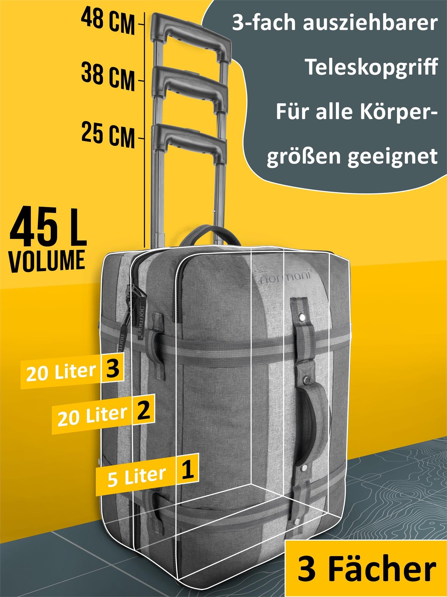 Handgepäck Reisetasche Trolley 45 L Bordgepäck Travel Bag mit Rollen Cabin Bag für Lufthansa, Eurowings, Ryanair, KLM, Volotea, Turkish Airline, Wizz Air - (52x38x20-28 cm) Dunkelgrau/Grau 45 Liter