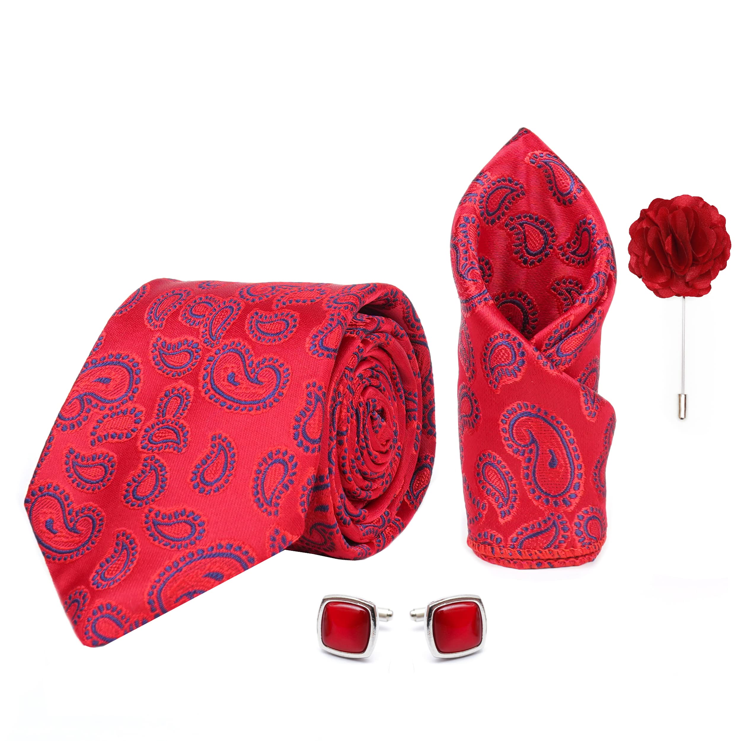 axlon Men's Paisley Micro Wooven Silk Necktie Gift Set With Pocket Square Cufflinks & Brooch Pin Tie for Men Formal Tie Set with Box (Pack of 4) (AX11_16, Red)-picture-58
