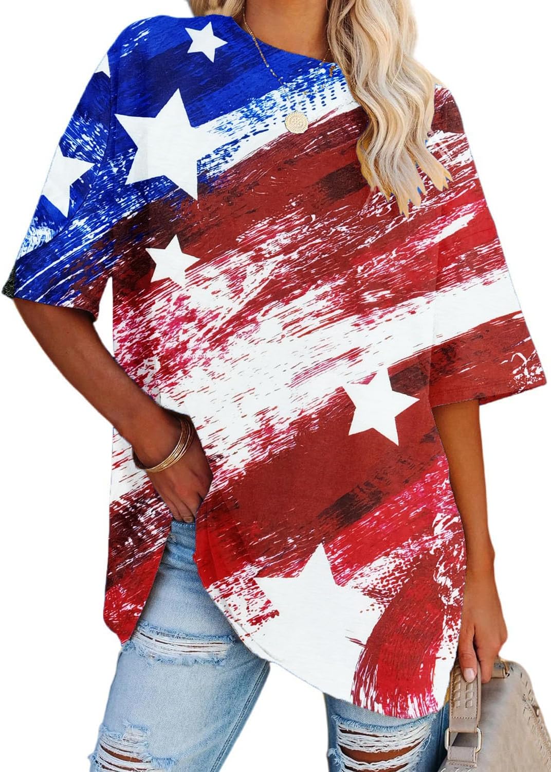 SNYUMEG Oversized American Flag Shirt Women 4th of July Tshirt USA Star Stripes Patriotic Short Sleeve Tops