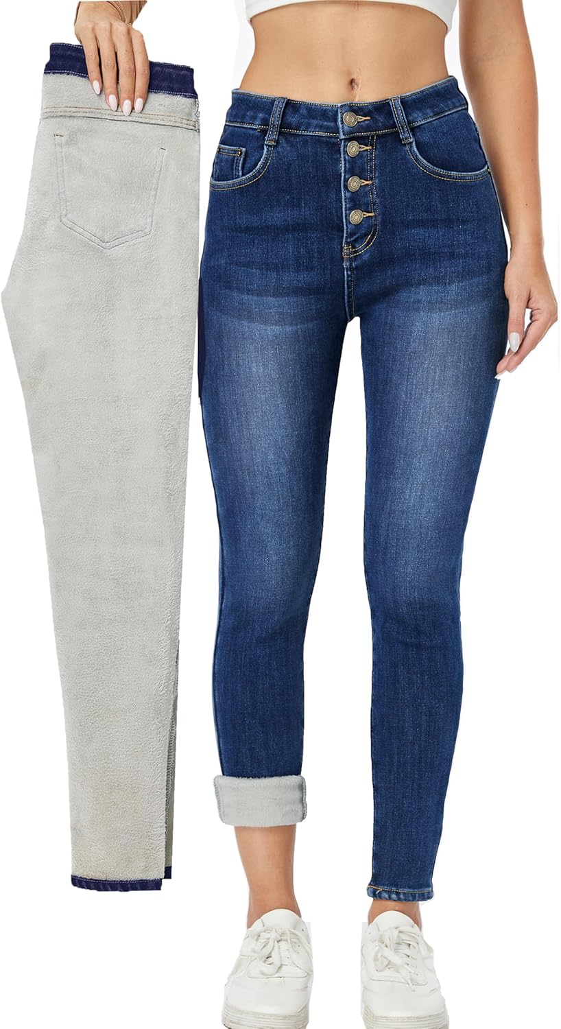 heipeiwa Fleece Lined Jeans Women's Winter Thermal Jeans Flannel Lined Skinny Denim Jeans 4 Buttons