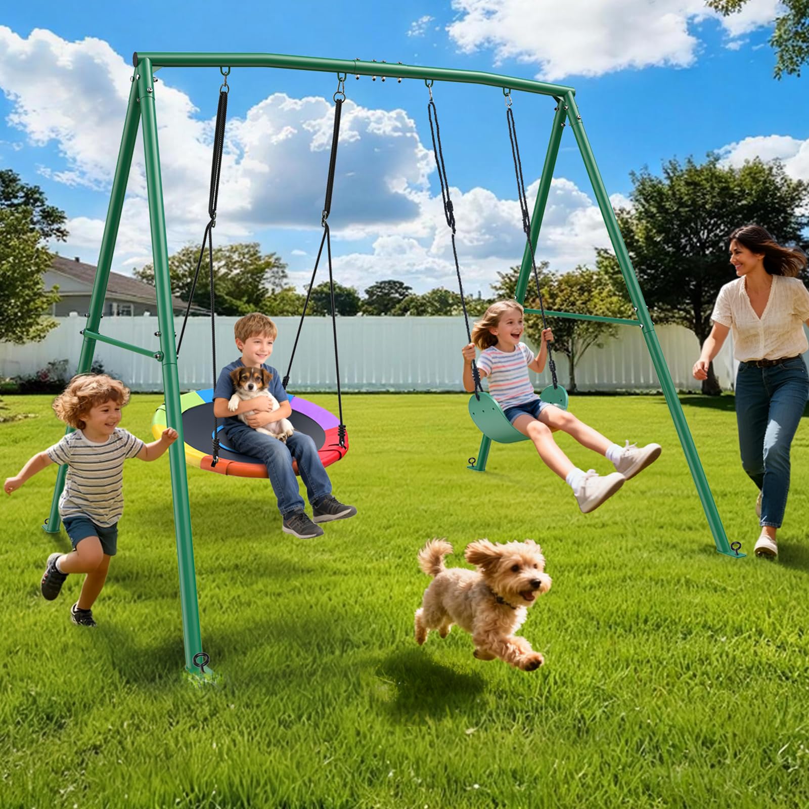 Trekassy Portique Balancoire Exterieur Enfant, capacité 200 kg avec 2 Balancoire, Cadre en Métal Robuste en A et Corde Réglable,pour Adulte et Enfant de 3 Ans+, pour Arrière-Cour Aire de Jeux