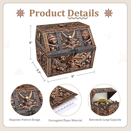 Miniatura 5 de PETCEE Caja del tesoro de calavera pirata, 9 x 9.3 x 8 pulgadas, gran cofre del tesoro pirata para el aula, caja de tesoros de Navidad, recompensas,
