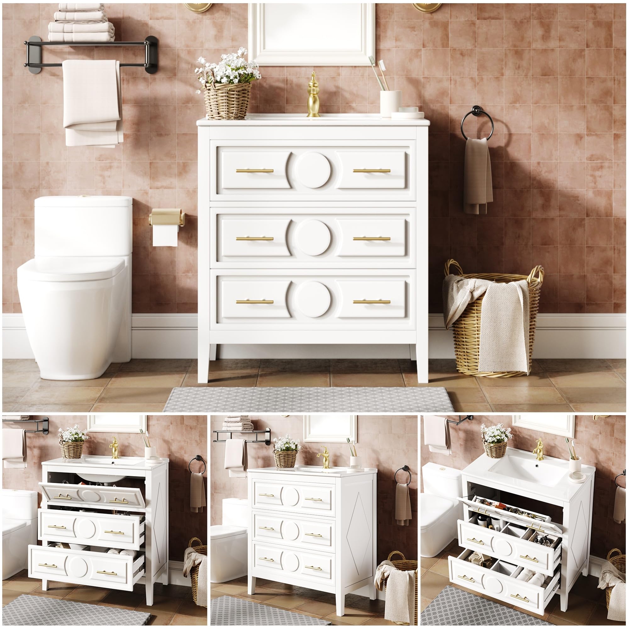 Mueble bajo Lavabo 81 cm con Lavabo de cerámica, 3 cajones