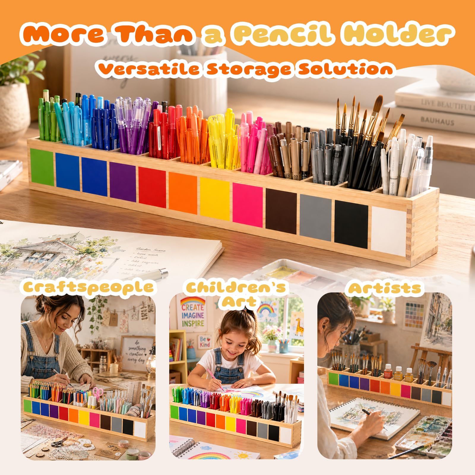 Pot à Crayons de Couleur en Bois 73 x 8 x 9 cm, Montessori Pot à Crayon Bois Massif à 11 Compartiments Rangement de Bureau pour Crayons de Couleur et Pinceaux, Idéal pour École Bureau Maison