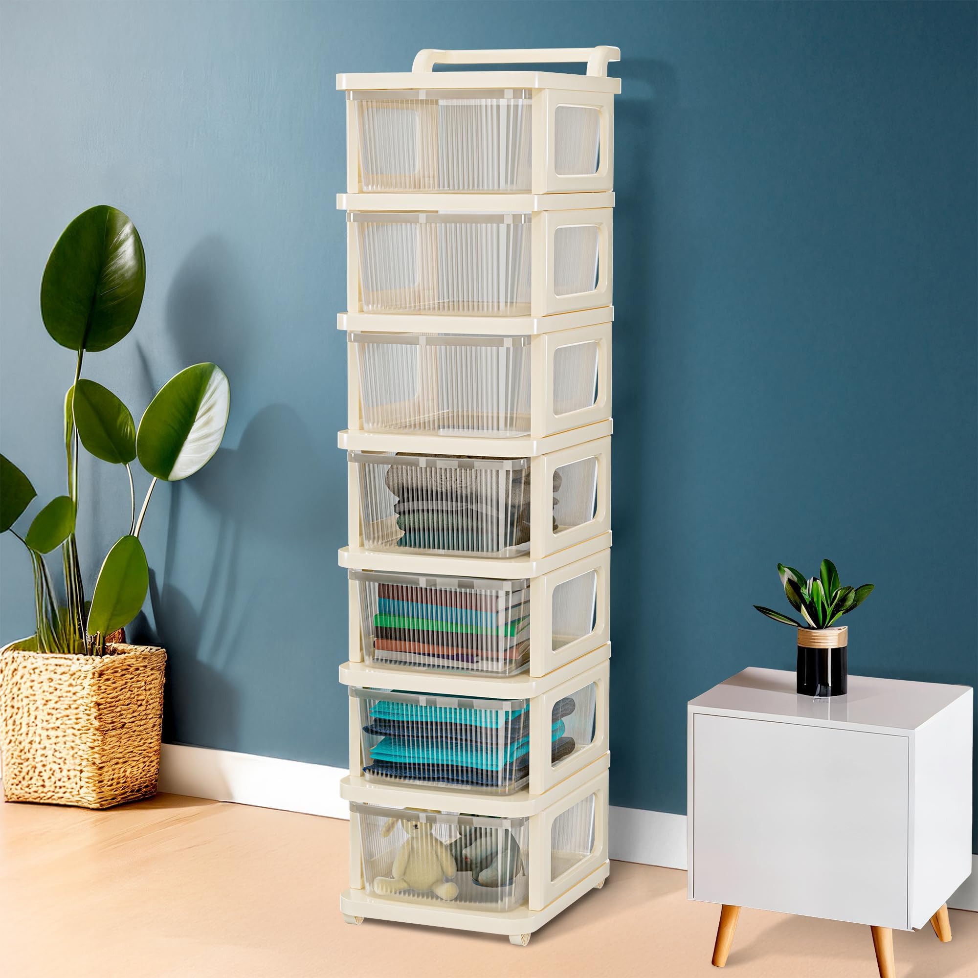 Kuber Industries 7 Layer Plastic Modular Storage Drawer Organizer with Wheels | Chest of Drawer Storage Box for Living Room, Office, School and Home | Toys Organiser for Kids Room | Transparent Ivory