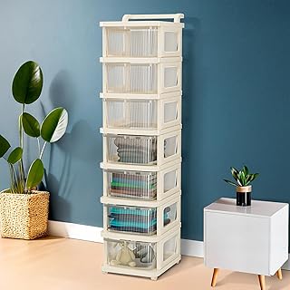 Kuber Industries 7 Layer Plastic Modular Storage Drawer Organizer with Wheels Chest of Drawer Storage Box for Living Room, Office, School and Home Toys Organiser for Kids Room Transparent Ivory