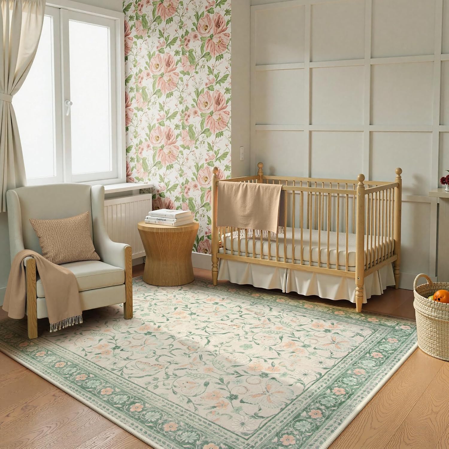 Beeiva Boho Washable 5x7 Area Rugs for Bedroom, Soft Living Room Green Rugs Non-Slip with Low-Pile, Butterfly Floral Ultra-Thin Carpet for Nursery Dining Room Bedroom Indoor Spaces (Green,5'x7')