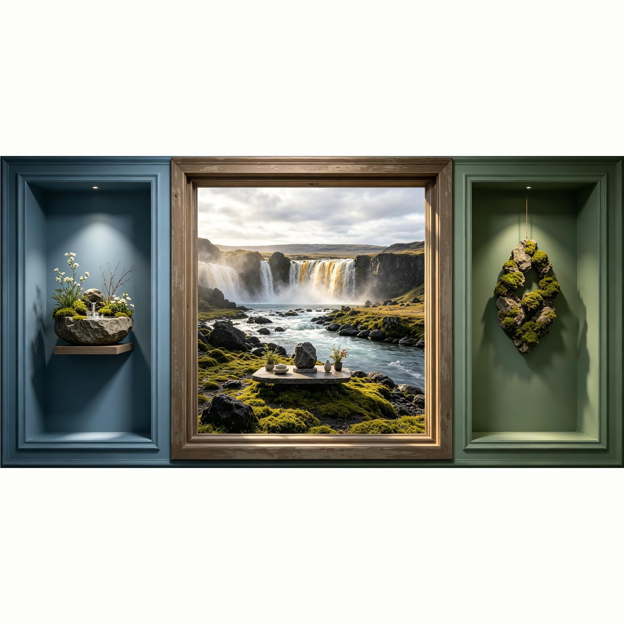 QZLITHOTIC 50x100cm 3D Framed Wall Art， Nordic Waterfall Mountain Landscape Moss Zen Stone Self‑Adhesive Mural， Water‑Activated Peel & Stick Fabric Decor Wall Decal for Bedroom Living Room