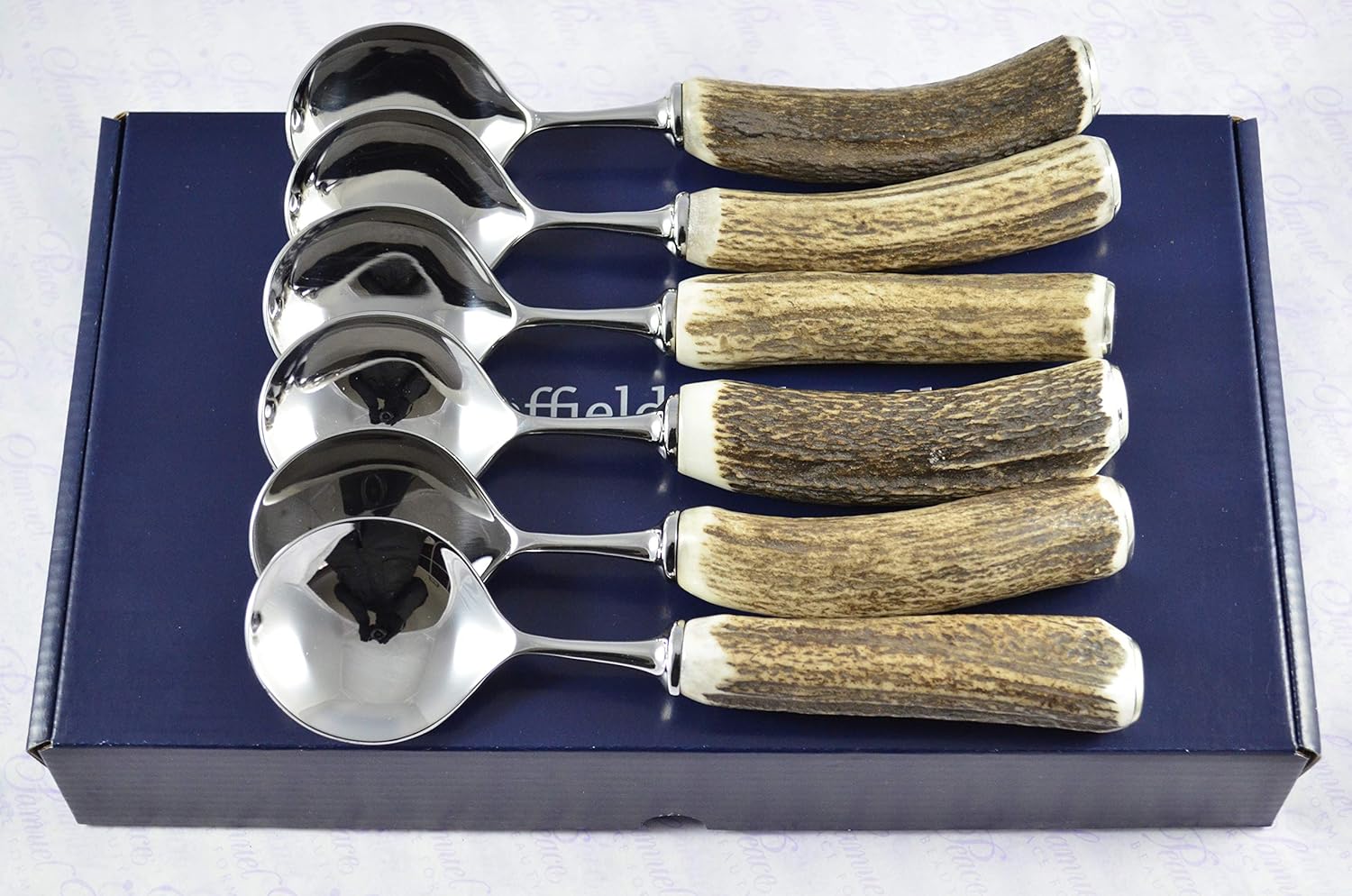 Six New Genuine Stag/Antler Handle Soup Spoons Boxed Made In Sheffield England