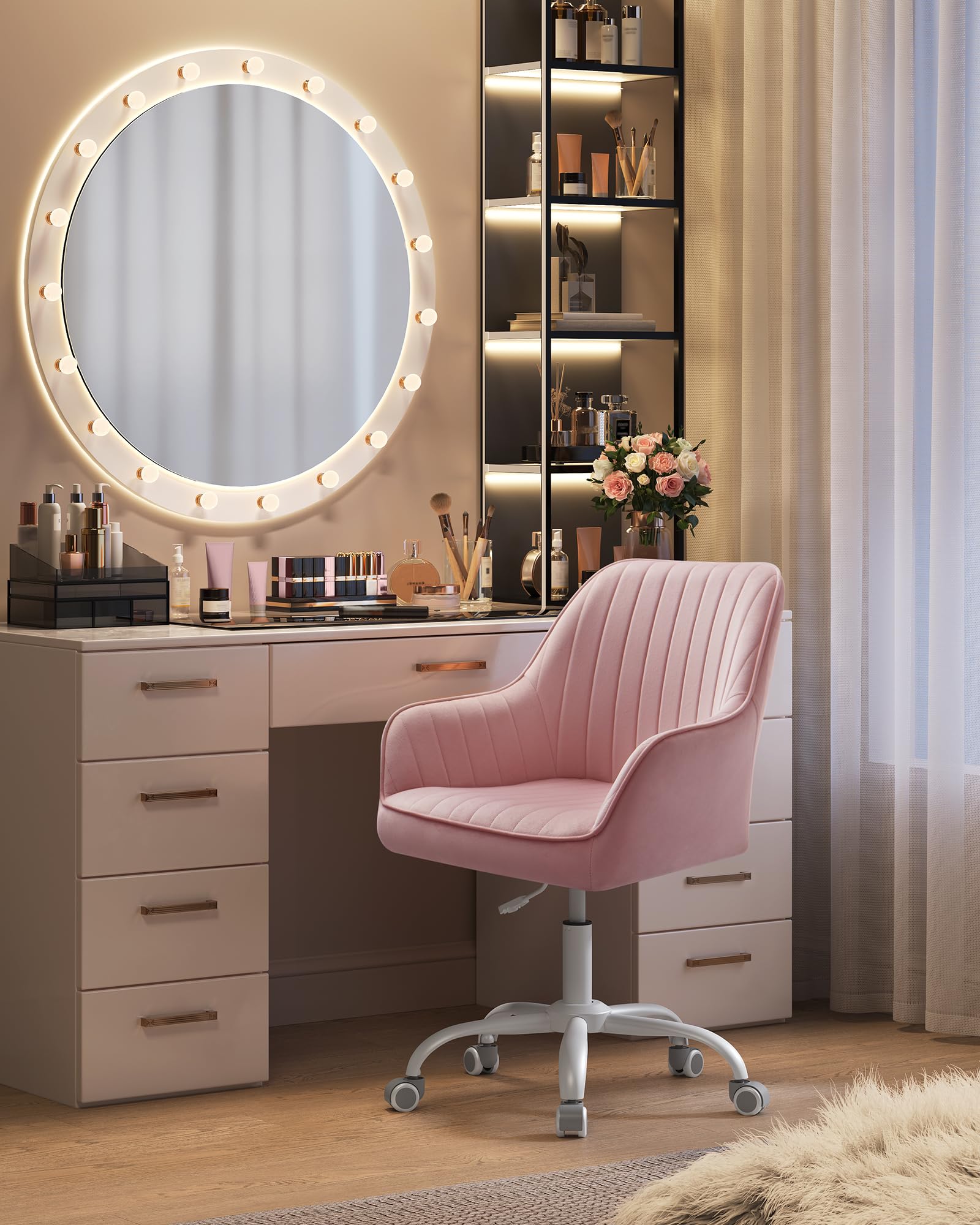 SONGMICS Bürostuhl, Drehstuhl mit Samtbezug, Schaumstoffpolsterung, höhenverstellbar, für Arbeitszimmer, Bar, pastellrosa OBG012R01